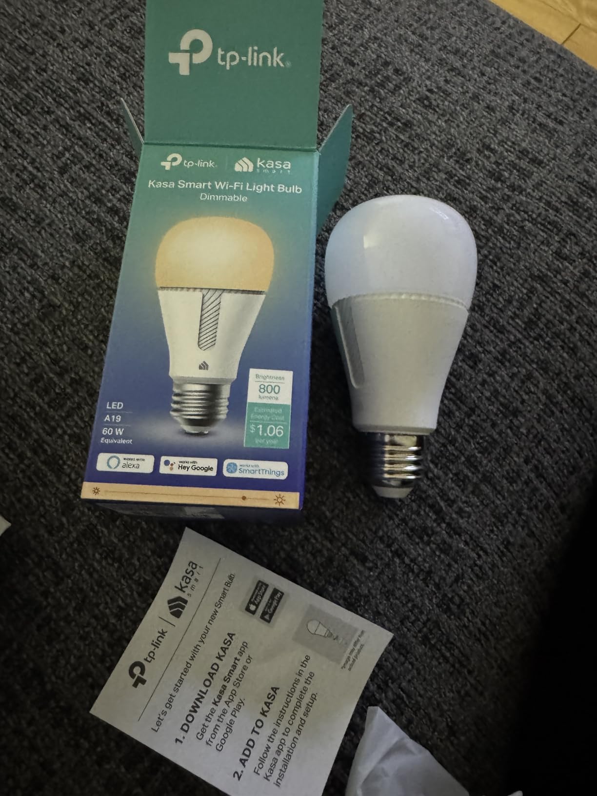Kasa Smart Light Bulb KL110, LED Wi-Fi smart bulb works with Alexa and Google Home, A19 Dimmable, 2.4Ghz, No Hub Required, 800LM Soft White (2700K), 9W (60W Equivalent) Customer Review Kasa Smart Light Bulb KL110, LED Wi-Fi smart bulb works with Alexa and Google Home, A19 Dimmable, 2.4Ghz, No Hub Required, 800LM Soft White (2700K), 9W (60W Equivalent) - Customer Photo 1