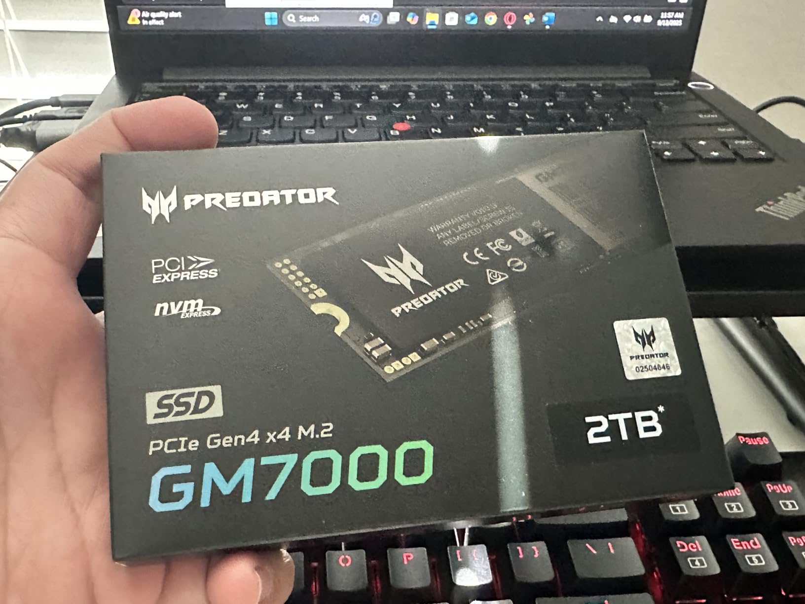 Predator M.2 SSD 1TB GM7000 with DRAM cache NVMe 1.4 2280 PCIe Gen4×4 Ultra high speed (maximum read: 7400MB/s, max write: 6700MB/s) 3D NAND TLC Internal SSD Compatible with PS5 Pro - BL.9BWWR.105 Customer Review Predator M.2 SSD 1TB GM7000 with DRAM cache NVMe 1.4 2280 PCIe Gen4×4 Ultra high speed (maximum read: 7400MB/s, max write: 6700MB/s) 3D NAND TLC Internal SSD Compatible with PS5 Pro - BL.9BWWR.105 - Customer Photo 1