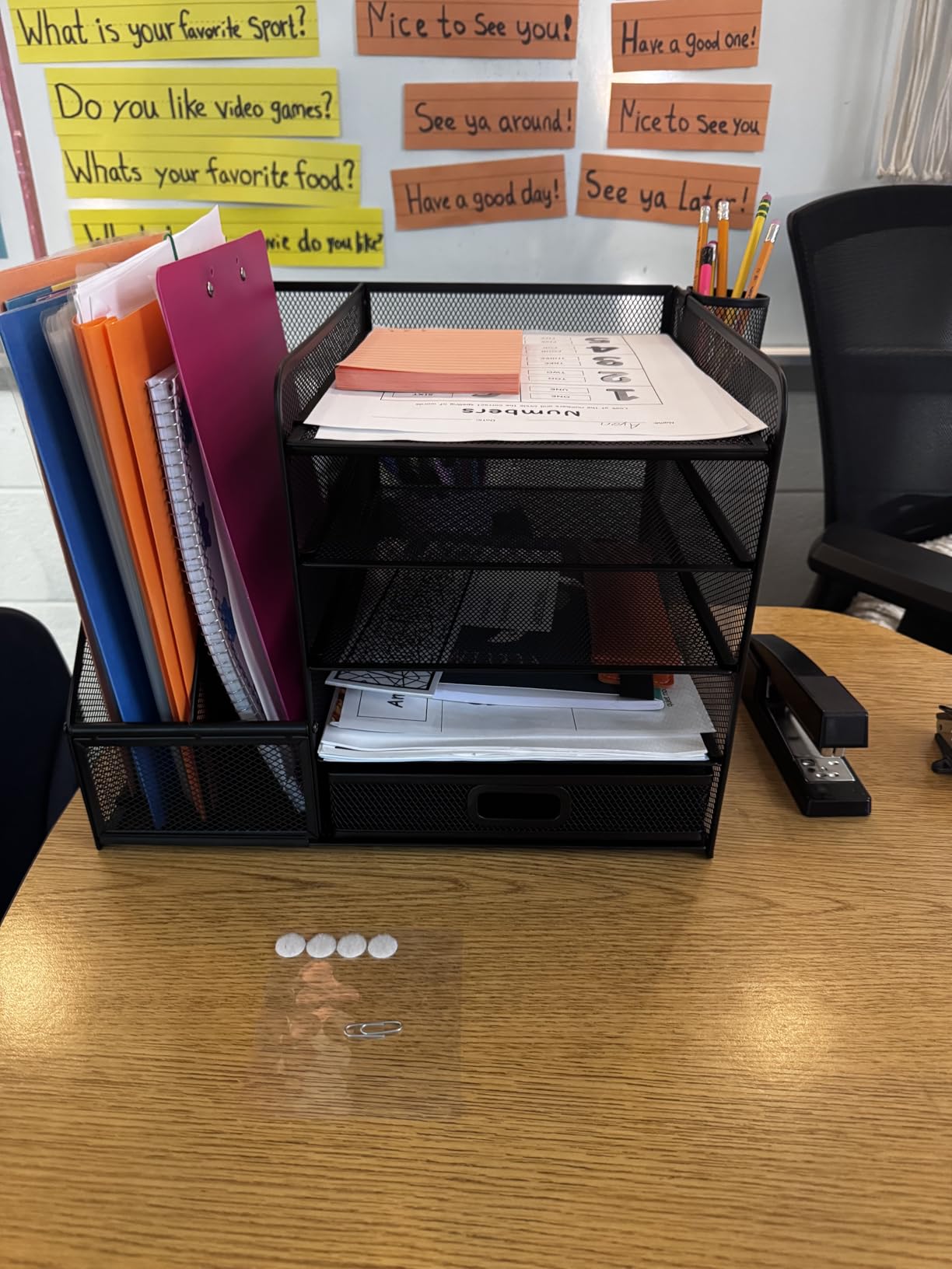 Marbrasse Desk Organizer with File Holder, 5-Tier Paper Letter Tray Organizer with Drawer and 2 Pen Holder, Mesh Desktop Organizer and Storage with Magazine Holder for Office Supplies(Black) - Customer Photo 2