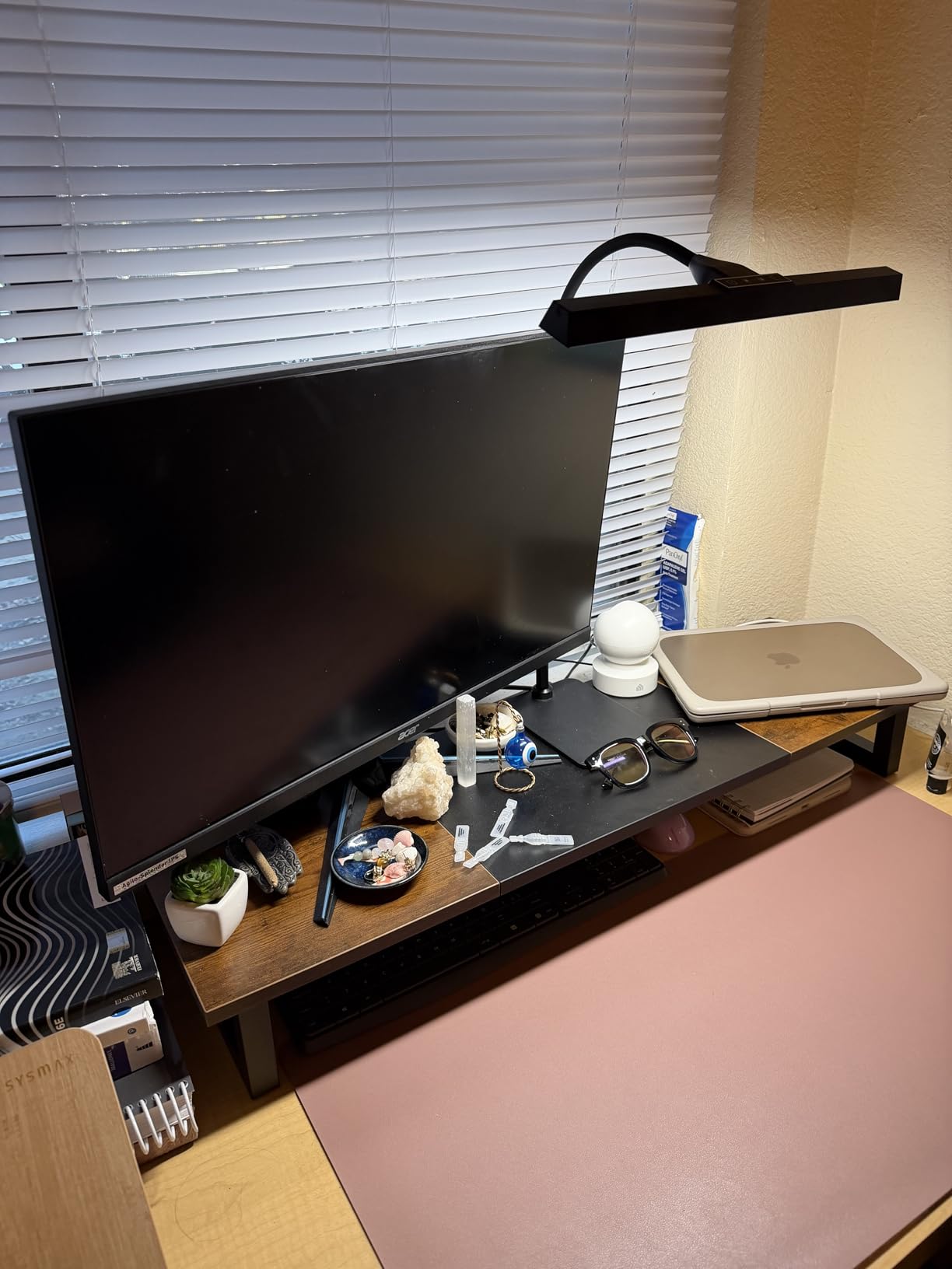 WESTREE Dual Monitor Stand Riser, Wood and Steel Multi-Purpose Desktop Storage Stand for 2 Monitors for Computer, Laptop, Printer, TV, Rustic Brown Customer Review WESTREE Dual Monitor Stand Riser, Wood and Steel Multi-Purpose Desktop Storage Stand for 2 Monitors for Computer, Laptop, Printer, TV, Rustic Brown - Customer Photo 1