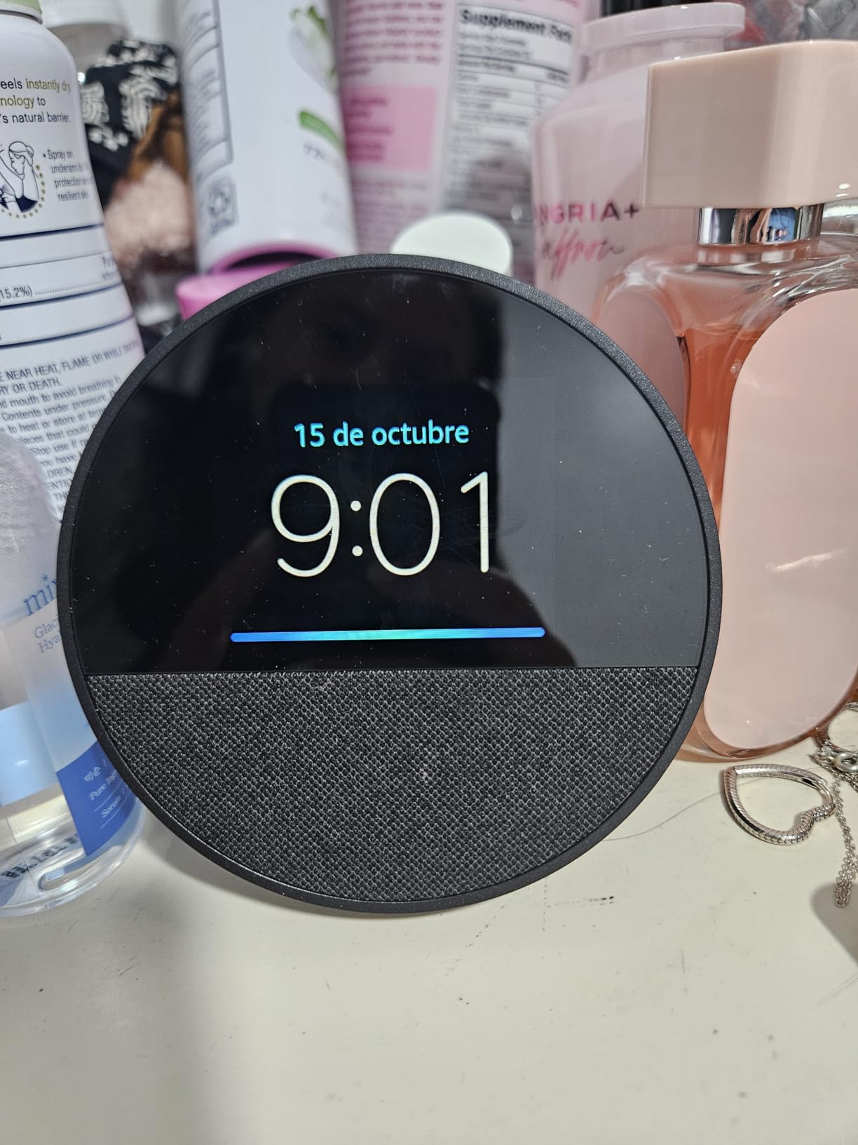 Amazon Echo Spot (newest model), Great for nightstands, offices and kitchens, Smart alarm clock with Alexa, Glacier White Customer Review Amazon Echo Spot (newest model), Great for nightstands, offices and kitchens, Smart alarm clock with Alexa, Glacier White - Customer Photo 3