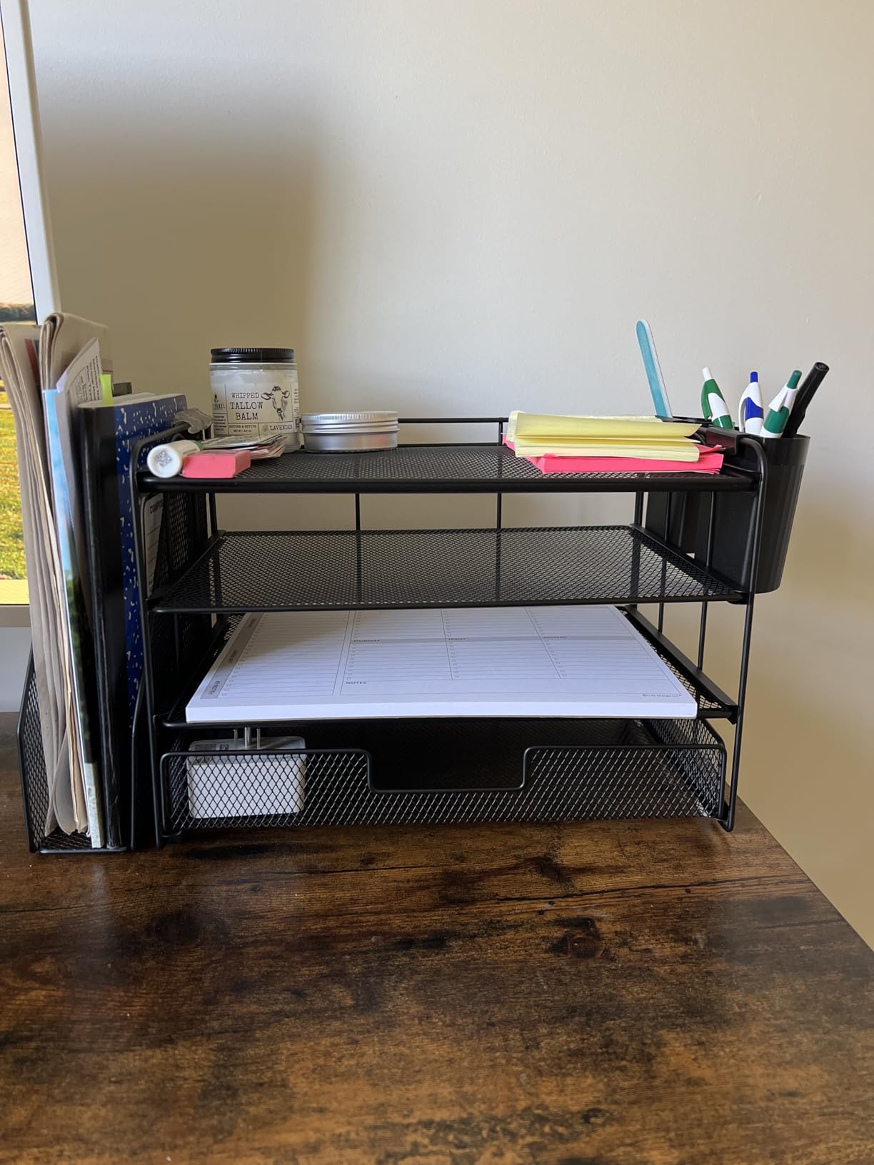 Desk Organizer and Accessories, 4-Tier Desktop File Organizer with Drawer and 2 Pen Holders, Office Desk Accessories, File Sorters, Workspace Organizers for Office Supplies(Black) - Customer Photo 5
