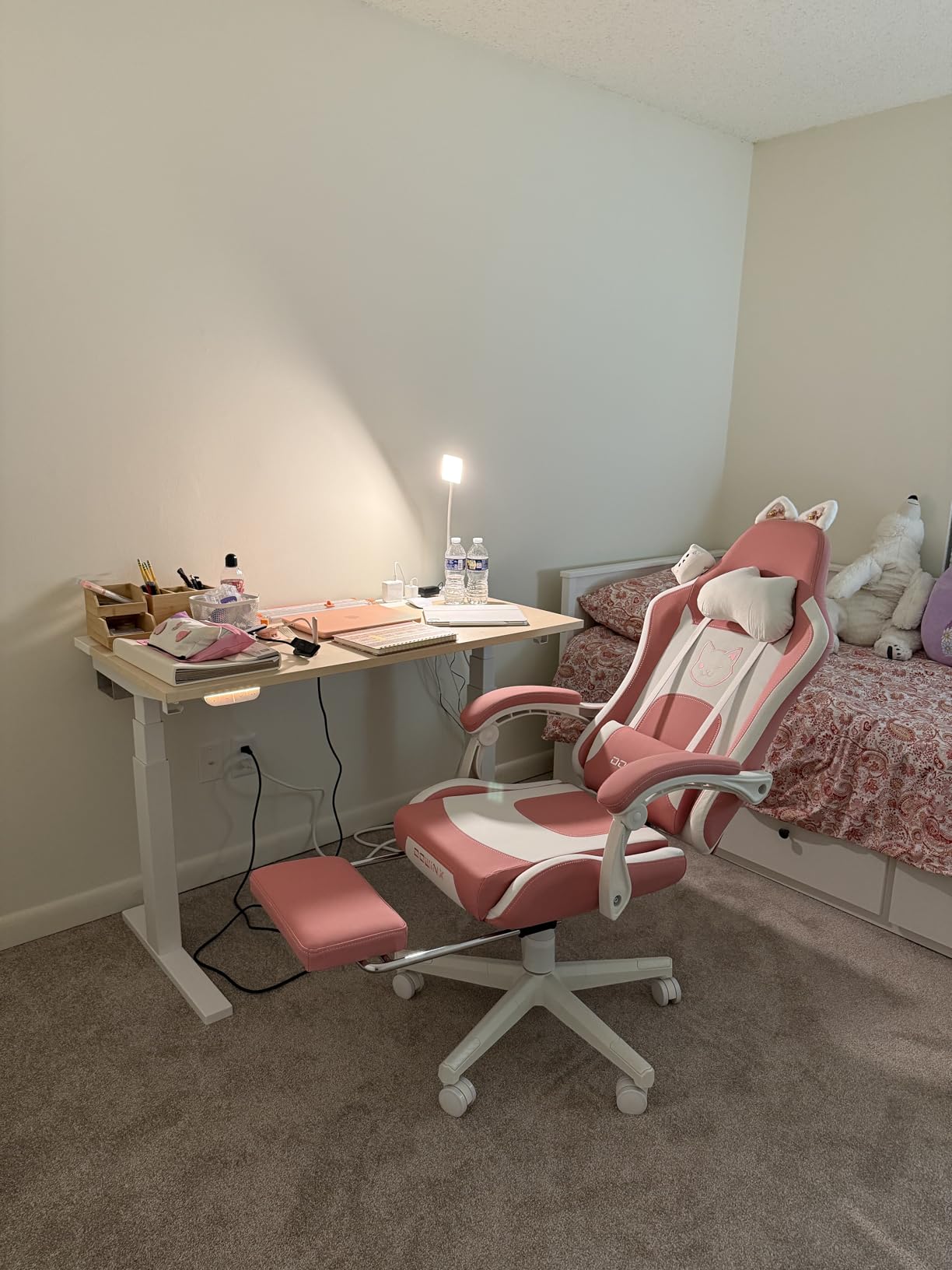 Dowinx Gaming Chair Cute with Cat Ears and Massage Lumbar Support, Ergonomic Computer Chair for Girl with Footrest and Headrest, Comfortable Reclining Game Chair 290lbs for Adult, Teen, Pink - Customer Photo 1