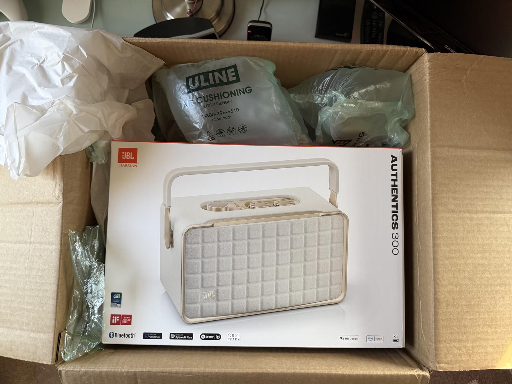 JBL Authentics 200 - Retro Style Smart Home Speaker with Built in Wi-Fi, Bluetooth and Voice Assistants, Alexa and Google Assistant, Multi-Room Playback, Automatic self tuning (Black/Gold) - Customer Photo 1