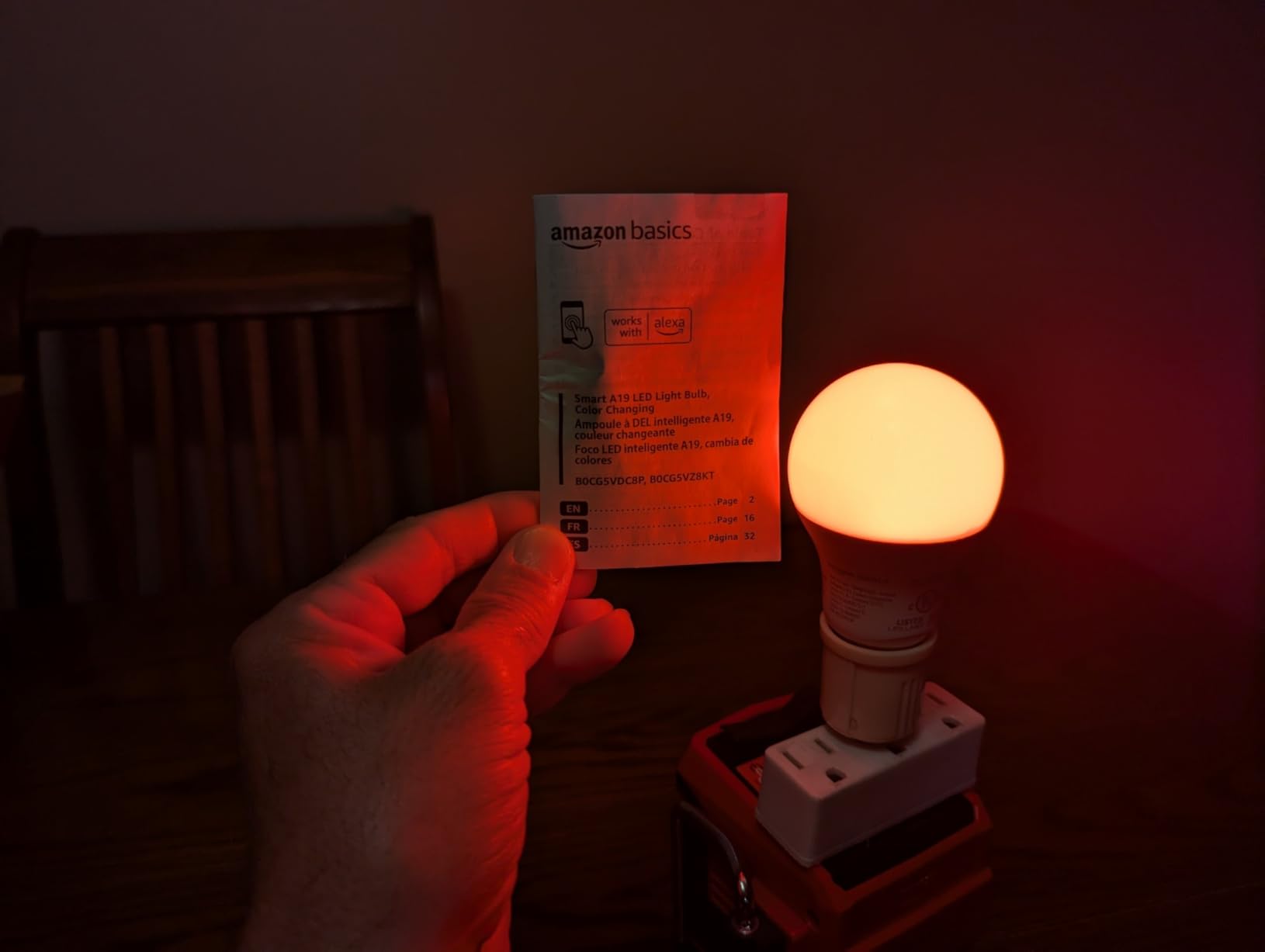 Amazon Basics Smart A19 LED Light Bulb, Color Changing, 9W (60W Equivalent), 800LM, Works with Alexa Only, 2.4 GHz Wi-Fi, No Hub Required, 1 Pack Customer Review Amazon Basics Smart A19 LED Light Bulb, Color Changing, 9W (60W Equivalent), 800LM, Works with Alexa Only, 2.4 GHz Wi-Fi, No Hub Required, 1 Pack - Customer Photo 1