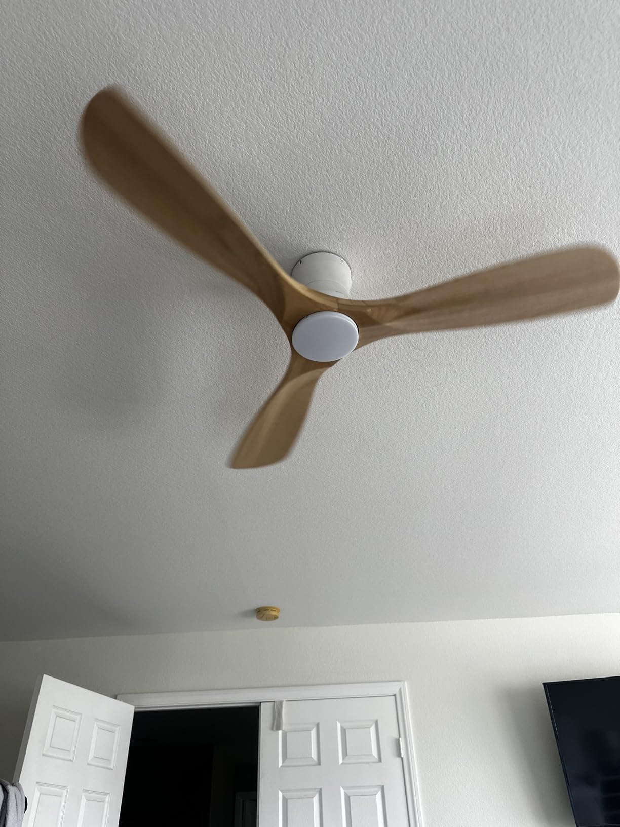 52in Smart Low Profile Ceiling Fans with Lights Remote,Quiet DC Motor,Outdoor Indoor Flush Mount Ceiling Fan,Control with WIFI Alexa App,Dimmable,6-speed,3 White Wood blades,for Modern Bedroom Patio Customer Review 52in Smart Low Profile Ceiling Fans with Lights Remote,Quiet DC Motor,Outdoor Indoor Flush Mount Ceiling Fan,Control with WIFI Alexa App,Dimmable,6-speed,3 White Wood blades,for Modern Bedroom Patio - Customer Photo 1