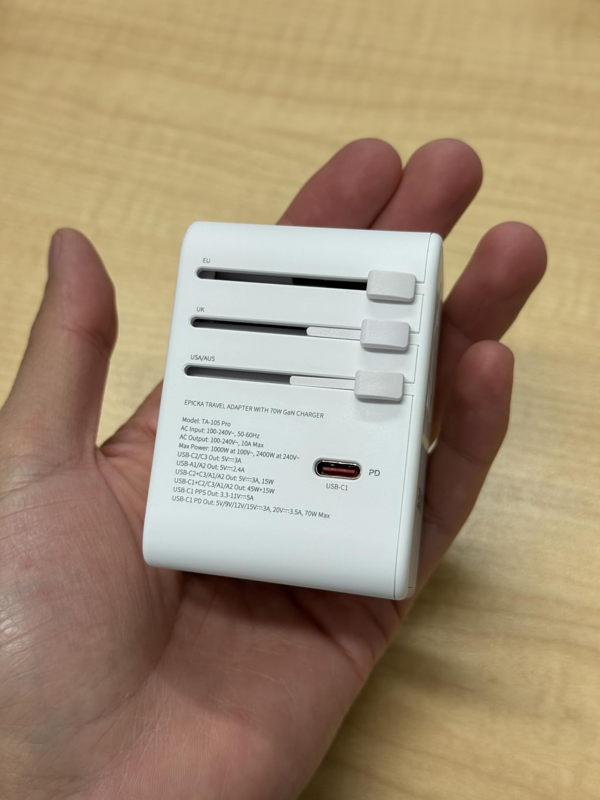 EPICKA Universal Travel Adapter, GaN International Plug Adapter with 3 USB-C 70W PD Fast Charging & 2 USB-A Adaptor All-in-one Wall Charger for USA EU UK AUS (TA-105 Pro, Black) Customer Review EPICKA Universal Travel Adapter, GaN International Plug Adapter with 3 USB-C 70W PD Fast Charging & 2 USB-A Adaptor All-in-one Wall Charger for USA EU UK AUS (TA-105 Pro, Black) - Customer Photo 1