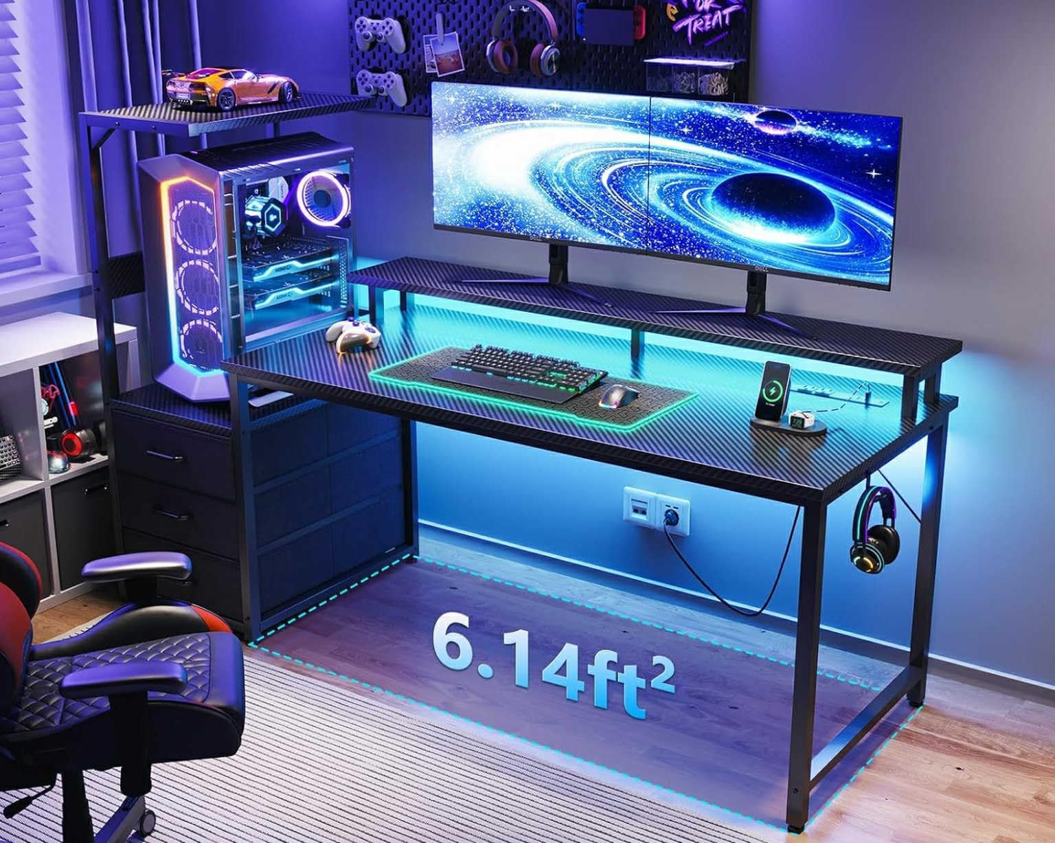 AODK 59 Inch Gaming Desk with USB Charging Ports & LED Light- Reversible Computer Desk with Storage Shelves & Monitor Stand, Modern Gamer Desk Table with Fabric Drawers & Side Hook, Carbon Fiber Black Customer Review AODK 59 Inch Gaming Desk with USB Charging Ports & LED Light- Reversible Computer Desk with Storage Shelves & Monitor Stand, Modern Gamer Desk Table with Fabric Drawers & Side Hook, Carbon Fiber Black - Customer Photo 1