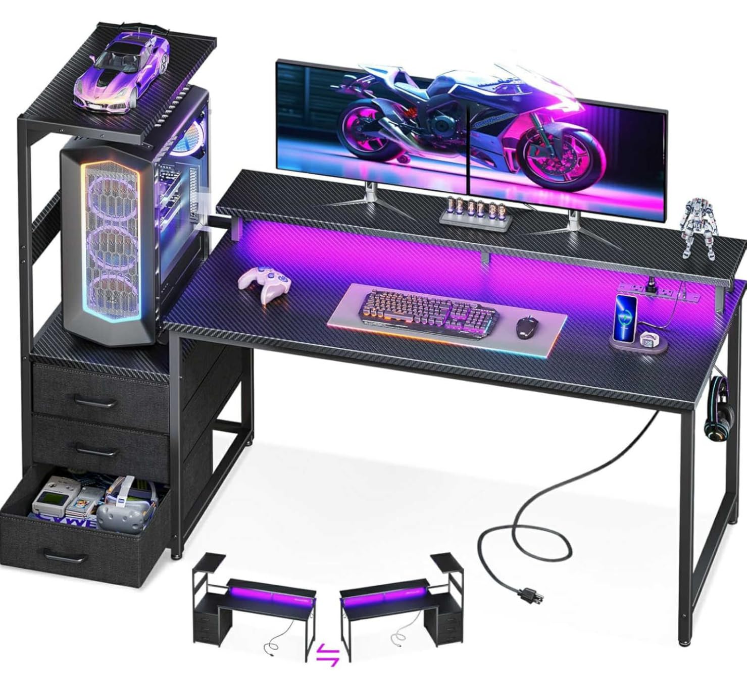 AODK 59 Inch Gaming Desk with USB Charging Ports & LED Light- Reversible Computer Desk with Storage Shelves & Monitor Stand, Modern Gamer Desk Table with Fabric Drawers & Side Hook, Carbon Fiber Black Customer Review AODK 59 Inch Gaming Desk with USB Charging Ports & LED Light- Reversible Computer Desk with Storage Shelves & Monitor Stand, Modern Gamer Desk Table with Fabric Drawers & Side Hook, Carbon Fiber Black - Customer Photo 1
