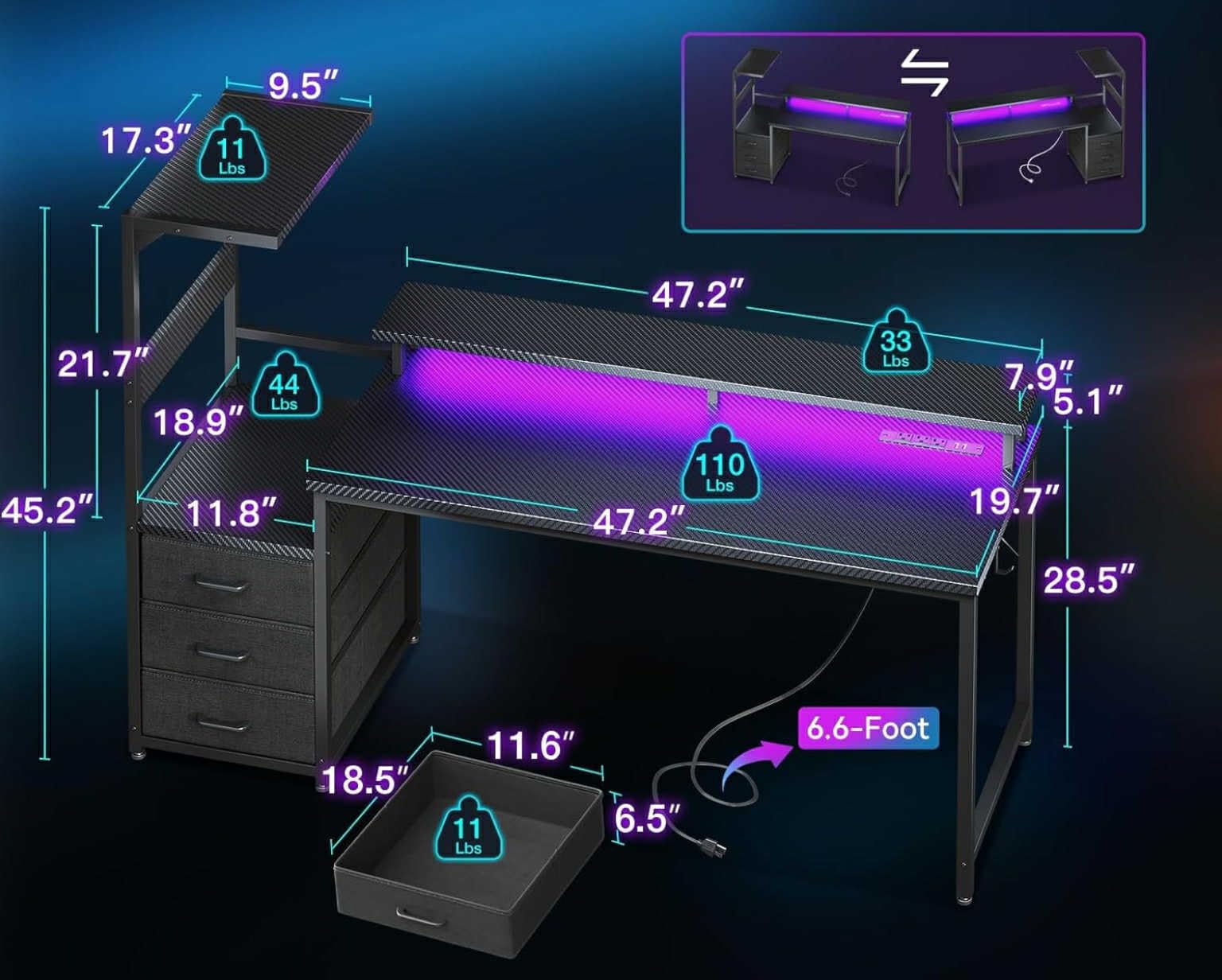 AODK 59 Inch Gaming Desk with USB Charging Ports & LED Light- Reversible Computer Desk with Storage Shelves & Monitor Stand, Modern Gamer Desk Table with Fabric Drawers & Side Hook, Carbon Fiber Black Customer Review AODK 59 Inch Gaming Desk with USB Charging Ports & LED Light- Reversible Computer Desk with Storage Shelves & Monitor Stand, Modern Gamer Desk Table with Fabric Drawers & Side Hook, Carbon Fiber Black - Customer Photo 2