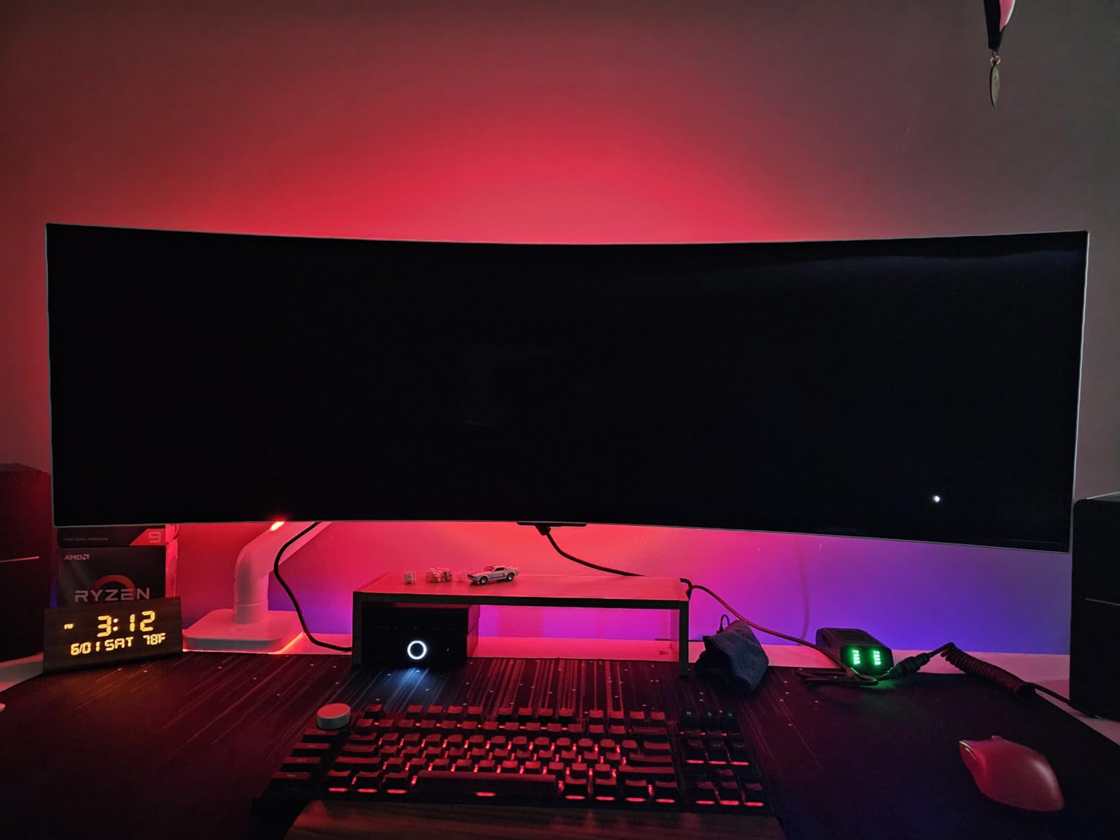 Ultrawide Monitor arm for 17-49'' Heavy Duty Screen up to 44lbs, Gas Spring Single Monitor Arm with RGB Light, Adjustable Gaming Computer Monitor Arm for Desk, Black Customer Review Ultrawide Monitor arm for 17-49'' Heavy Duty Screen up to 44lbs, Gas Spring Single Monitor Arm with RGB Light, Adjustable Gaming Computer Monitor Arm for Desk, Black - Customer Photo 2