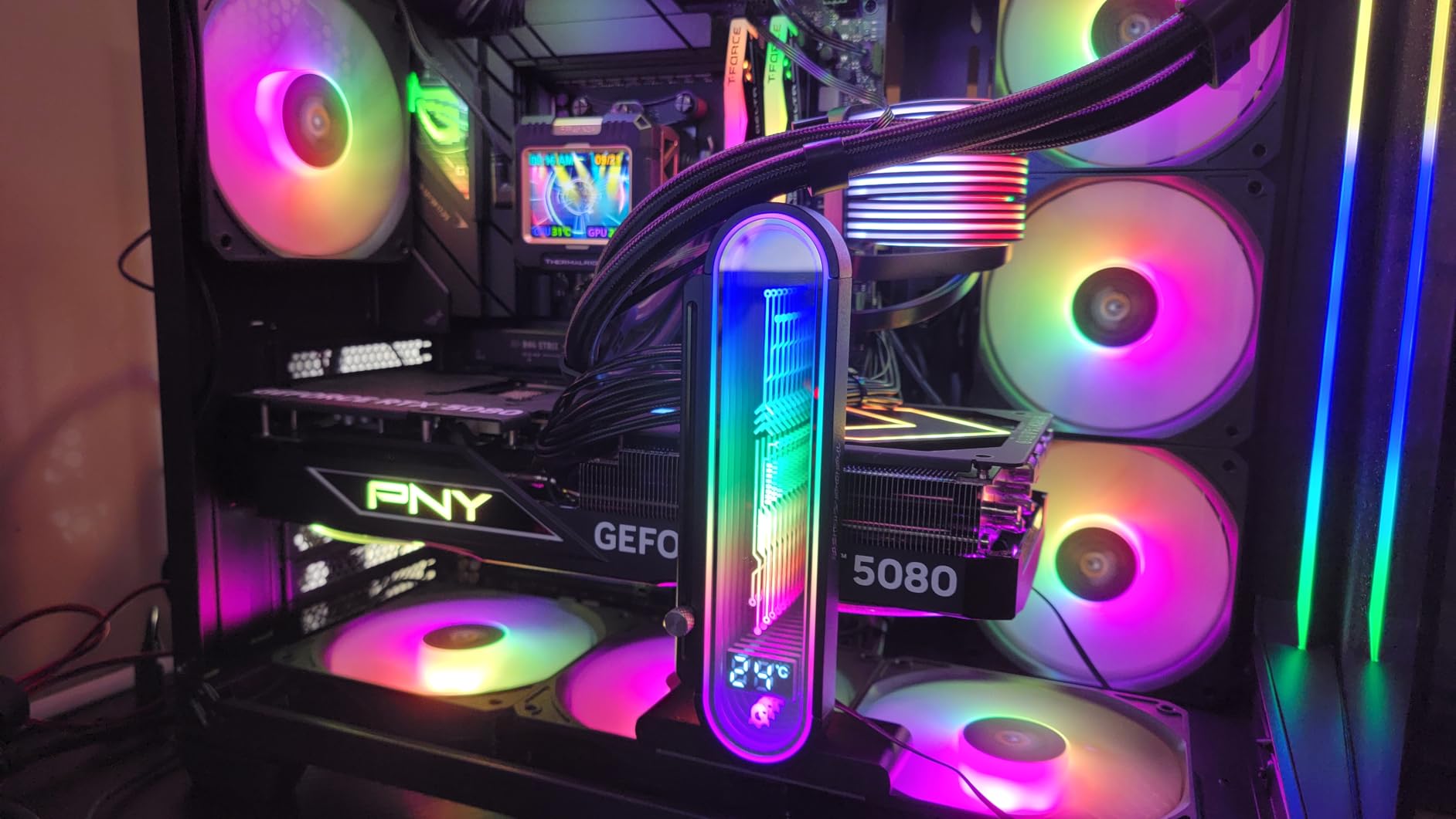 PNY NVIDIA GeForce RTX™ 5080 Epic-X™ ARGB OC Triple Fan, Graphics Card (16GB GDDR7, 256-bit, Boost Speed: 2775 MHz, PCIe® 5.0, HDMI®/DP 2.1, 2.99-Slot, NVIDIA Blackwell Architecture, DLSS 4) Customer Review PNY NVIDIA GeForce RTX™ 5080 Epic-X™ ARGB OC Triple Fan, Graphics Card (16GB GDDR7, 256-bit, Boost Speed: 2775 MHz, PCIe® 5.0, HDMI®/DP 2.1, 2.99-Slot, NVIDIA Blackwell Architecture, DLSS 4) - Customer Photo 1