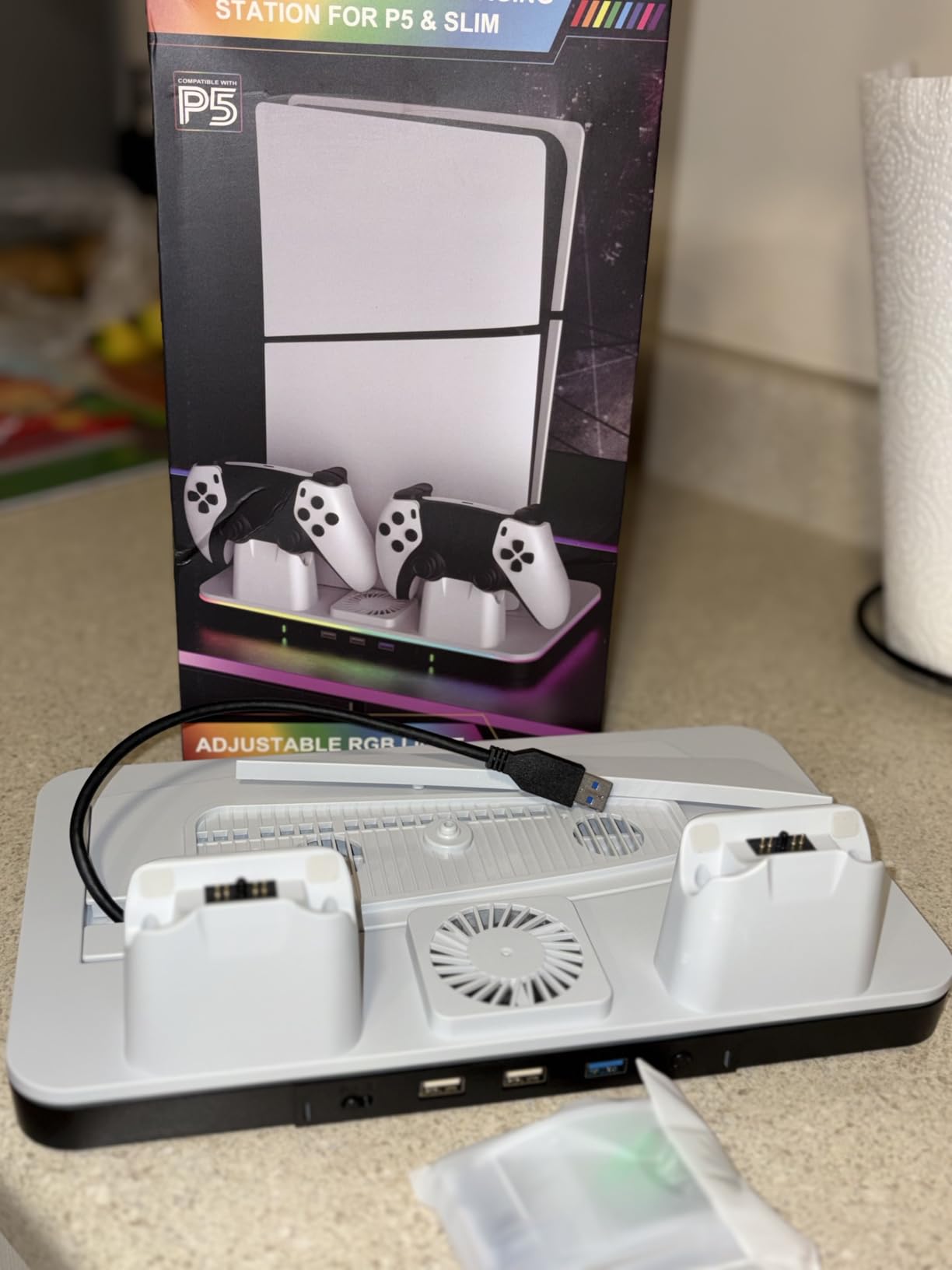 PS5/Pro/Slim Stand and Cooling Station with Dual Controller Charger for Playsation 5 Disc&Digital Consoles, RGB Light, Cooling Fan, Headset Holder PS5 Accessories 3 USB Hub(1x3.0 & 2x2.0) Customer Review PS5/Pro/Slim Stand and Cooling Station with Dual Controller Charger for Playsation 5 Disc&Digital Consoles, RGB Light, Cooling Fan, Headset Holder PS5 Accessories 3 USB Hub(1x3.0 & 2x2.0) - Customer Photo 1