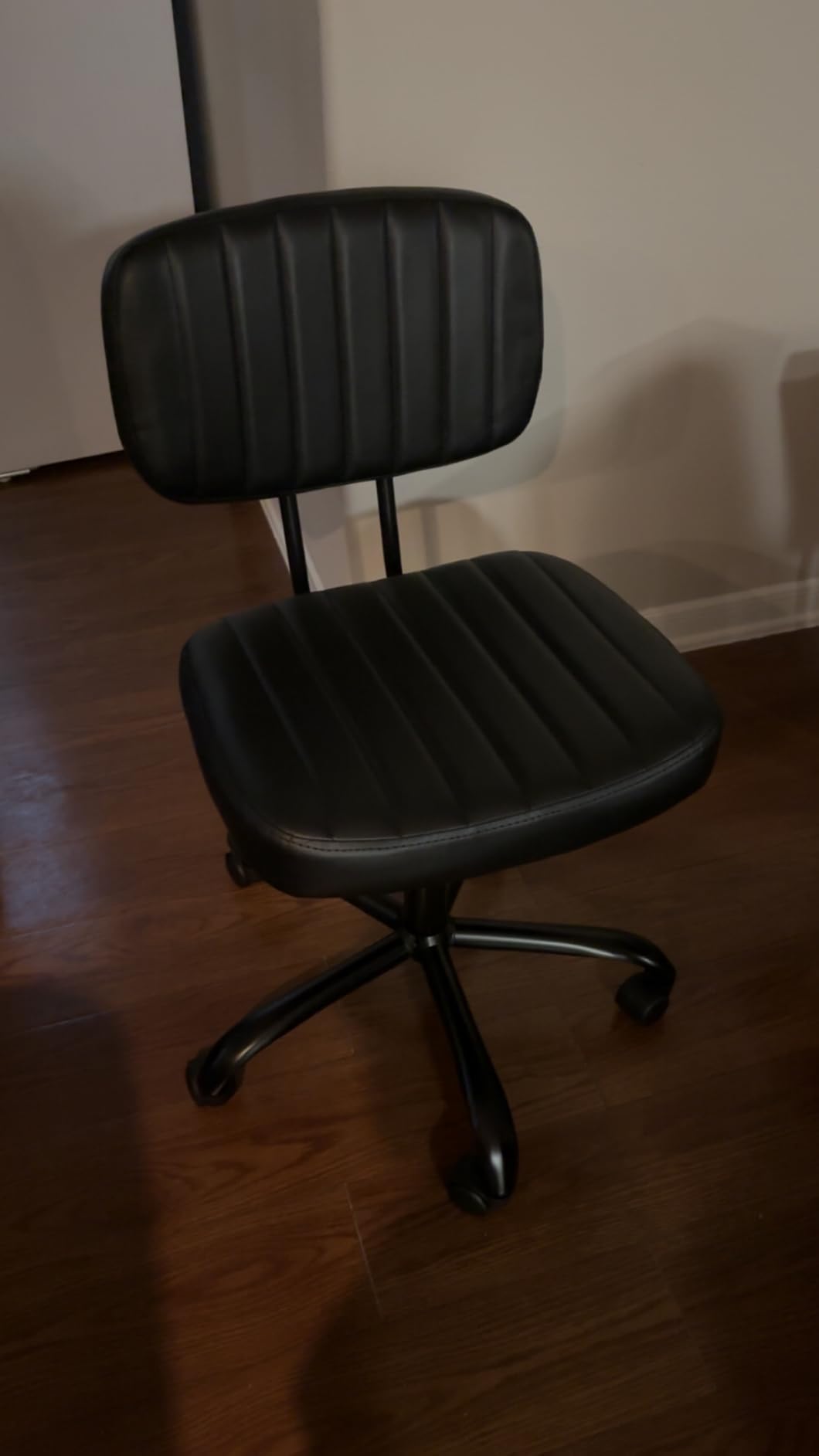 Sweetcrispy Small Office Desk Chair - Armless PU Leather with Comfy Lumbar Support, Height Adjustable Rolling Swivel Task for No Arms, for Adult, Student, Bedroom, Home, Vanity, Beige White - Customer Photo 5