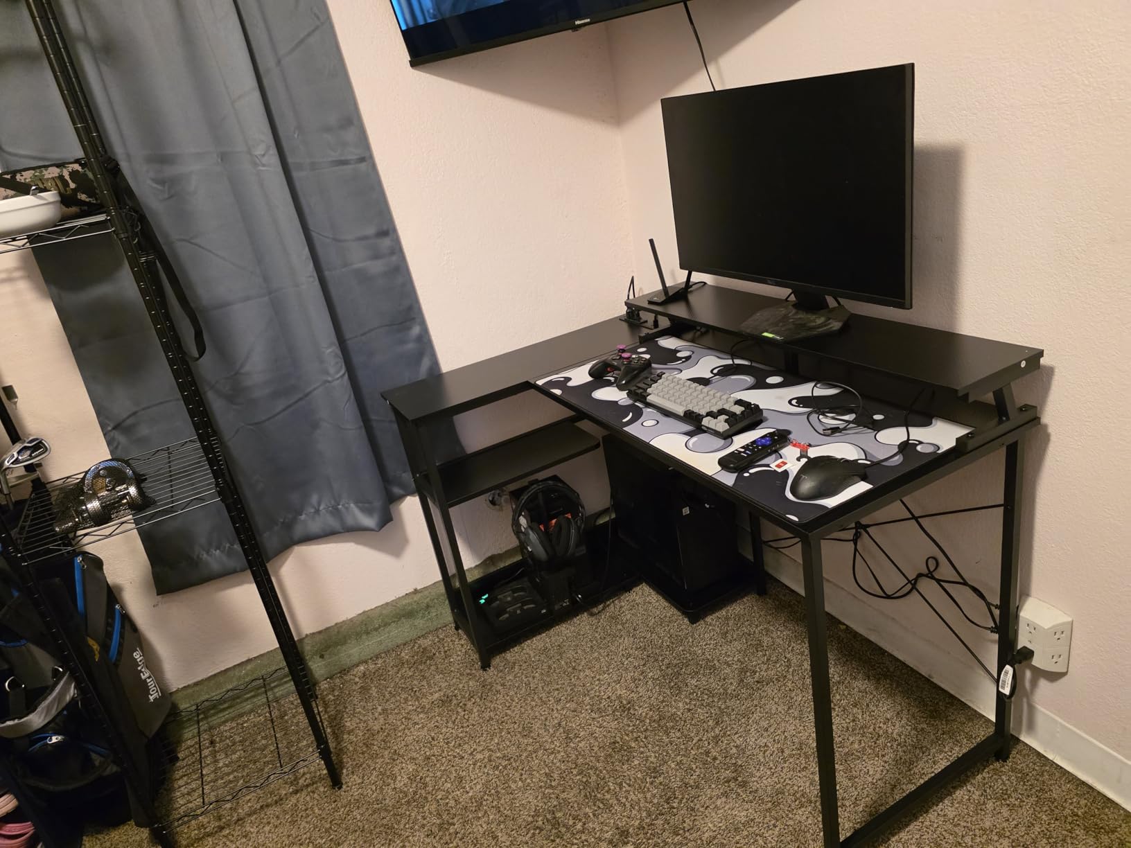 ODK 48 Inch Gaming Desk with USB Charging Ports and LED Lights, Reversible L Shaped Computer Desk with Storage Shelves & Monitor Stand, Corner Gamer Desk Table with Power Outlets, Black customer photo 1