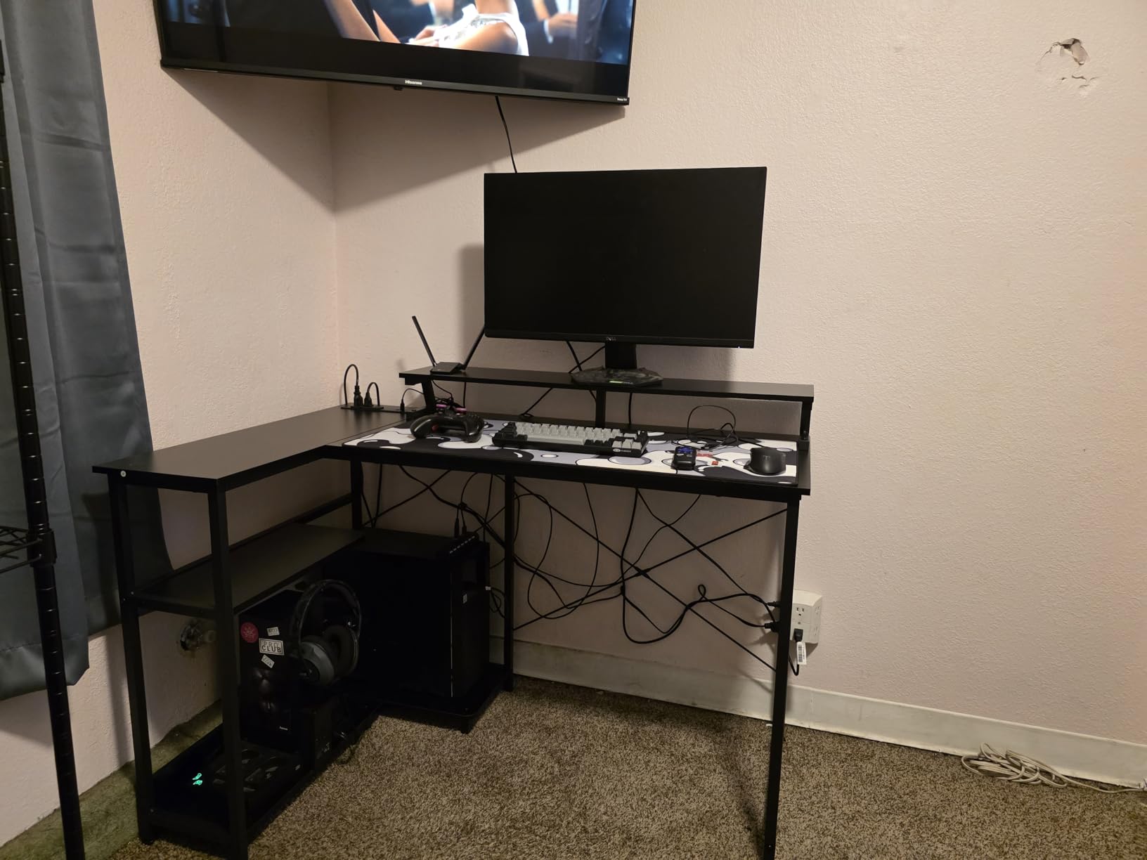 ODK 48 Inch Gaming Desk with USB Charging Ports and LED Lights, Reversible L Shaped Computer Desk with Storage Shelves & Monitor Stand, Corner Gamer Desk Table with Power Outlets, Black customer photo 2