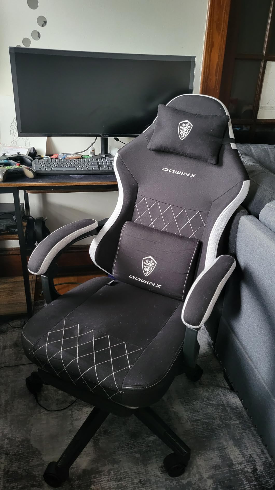 Dowinx Fabric Gaming Chair, Ergonomic Computer Chair with Footrest and Pocket Spring Cushion, Height Adjustable Video Gamer Chair with Lumbar Support for Adults, Black Customer Review Dowinx Fabric Gaming Chair, Ergonomic Computer Chair with Footrest and Pocket Spring Cushion, Height Adjustable Video Gamer Chair with Lumbar Support for Adults, Black - Customer Photo 3