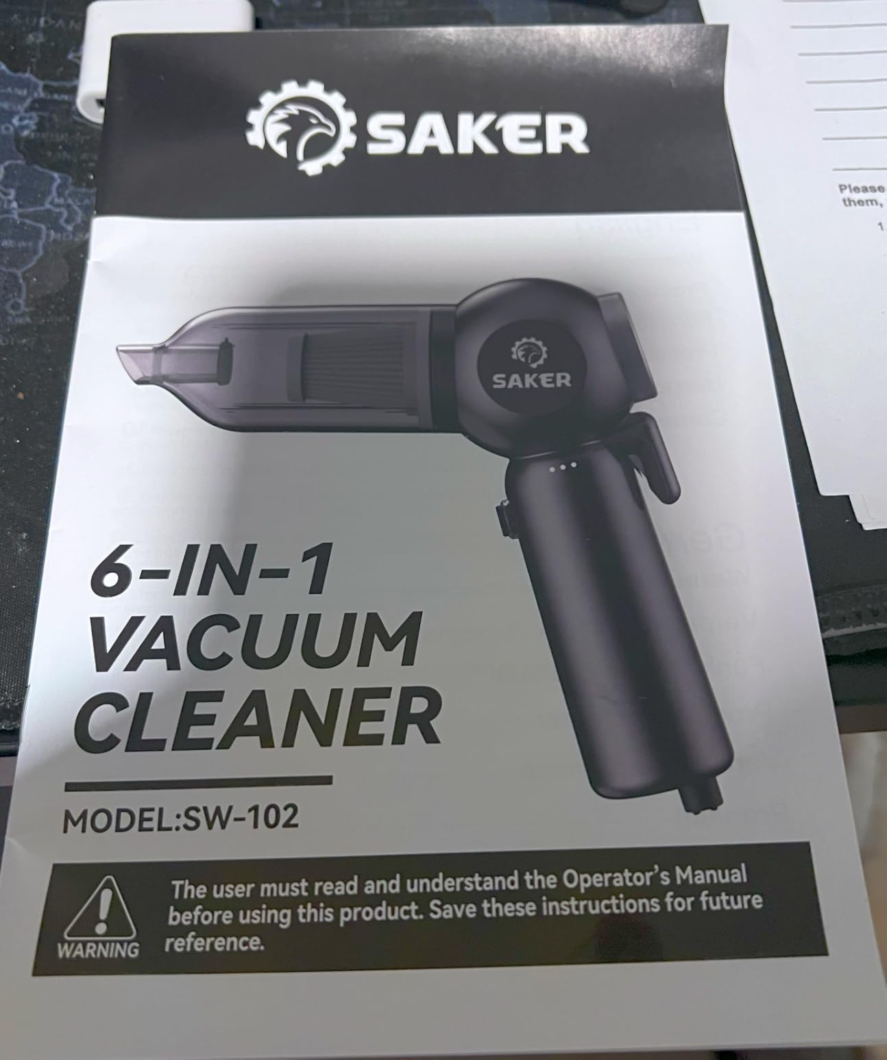 Saker 6 in 1 Car Vacuum Cleaner, 20000PA Handheld Vacuum Cordless Rechargeable 7800mAH with Type-C Reverse Charging, Window Breaker and Seatbelt Cutter for Car,Office and Home Cleaning,SW102 Blue Gray - Customer Photo 1