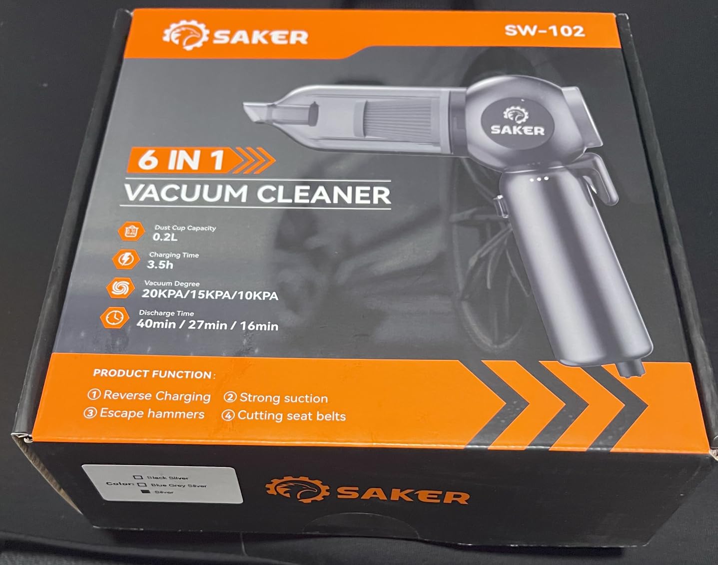 Saker 6 in 1 Car Vacuum Cleaner, 20000PA Handheld Vacuum Cordless Rechargeable 7800mAH with Type-C Reverse Charging, Window Breaker and Seatbelt Cutter for Car,Office and Home Cleaning,SW102 Blue Gray - Customer Photo 2