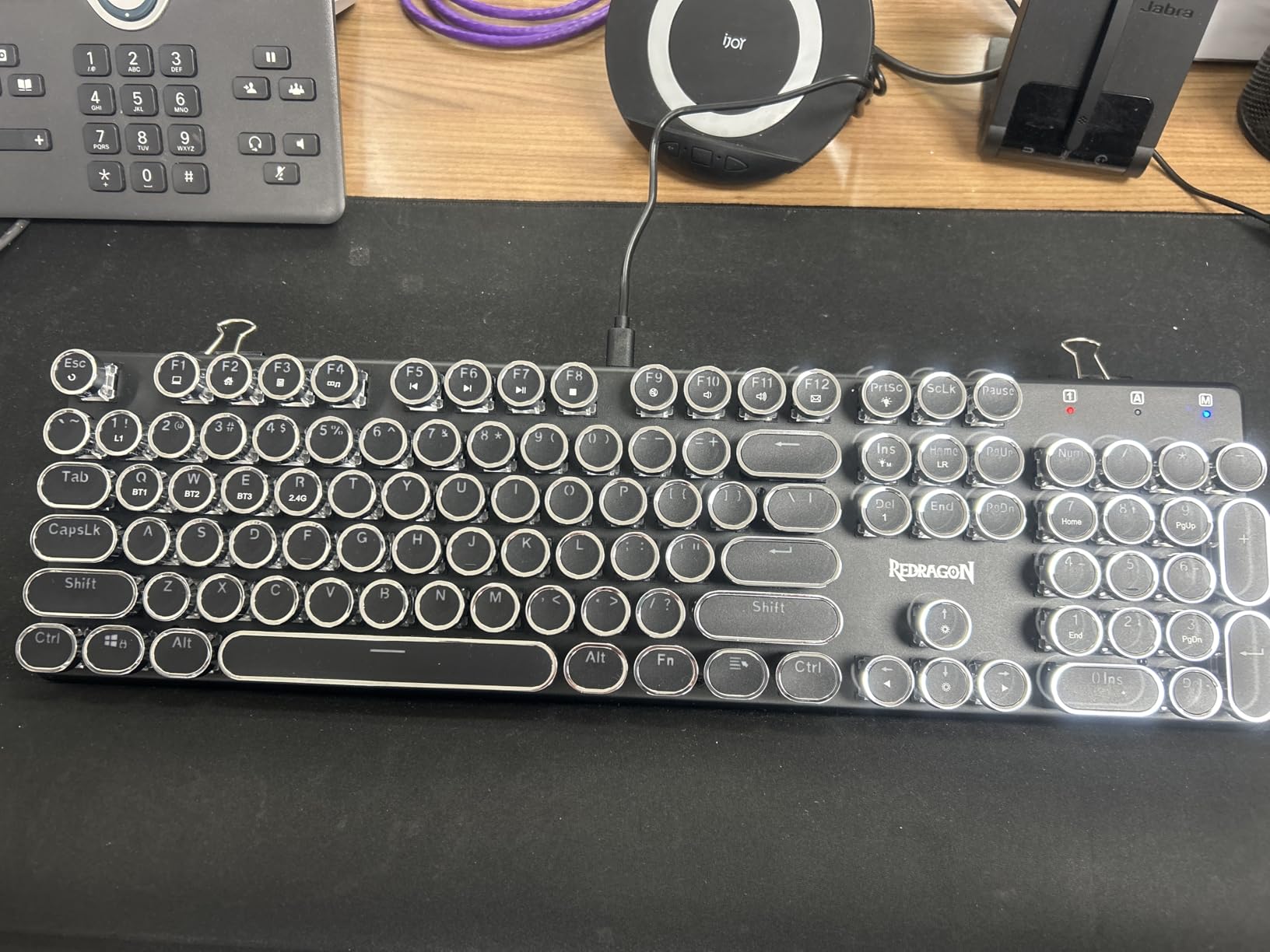 Redragon Typewriter Keyboard Wireless, Mechanical Gaming Keyboard, Bluetooth/2.4Ghz/Wired, RGB LED Backlit, Rechargeable, Blue Switch - Clicky, Solid Metal Panel, Round Keycaps, Black - Customer Photo 1