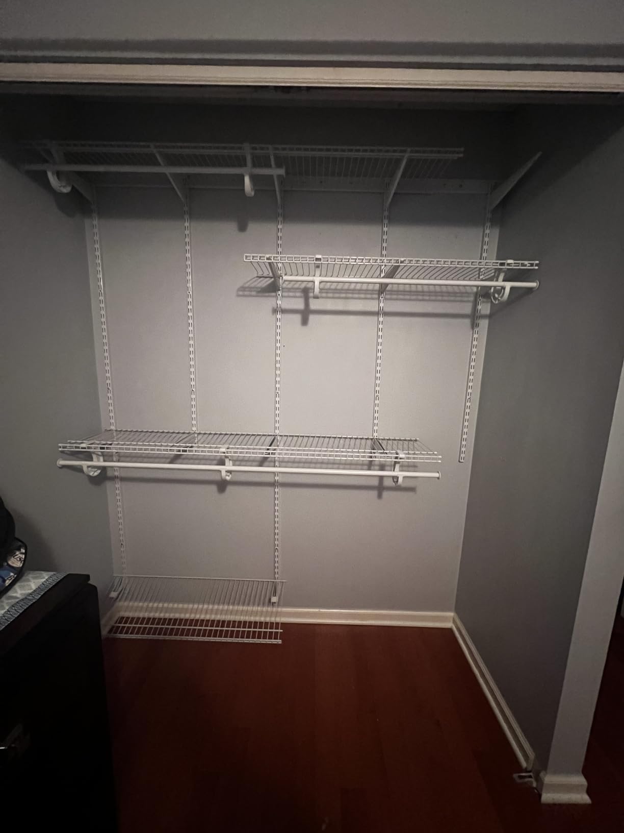 ClosetMaid ShelfTrack Wire Closet Organizer System, Adjustable from 5 to 8 Ft., with Shelves, Clothes Rods, Shoe Shelf, Hardware, Durable Steel, White Customer Review ClosetMaid ShelfTrack Wire Closet Organizer System, Adjustable from 5 to 8 Ft., with Shelves, Clothes Rods, Shoe Shelf, Hardware, Durable Steel, White - Customer Photo 1