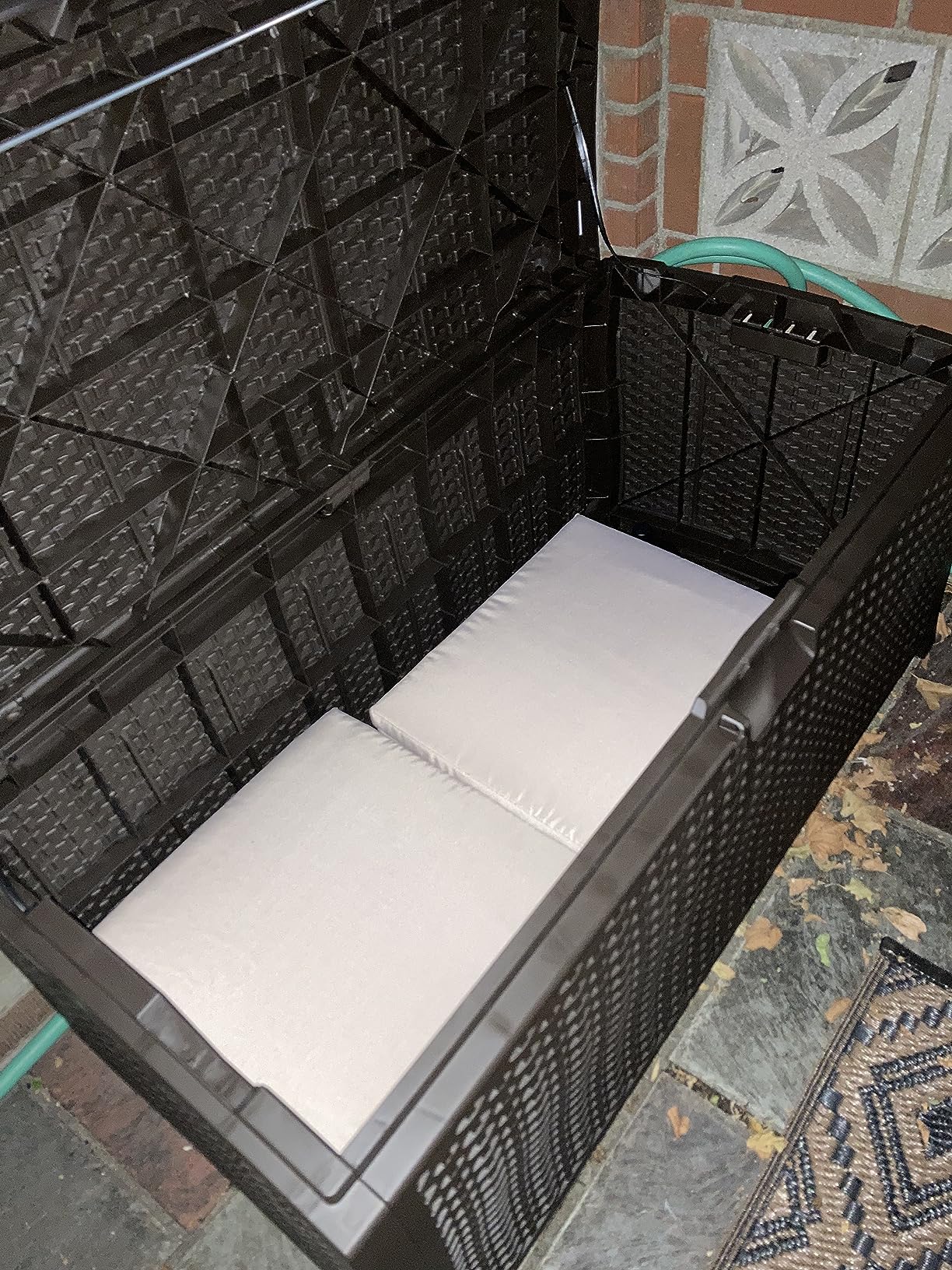 Suncast Outdoor Storage Box - 73 Gallon Mocha Brown Deck Box for Patio, Waterproof Outdoor Storage Bench, Resin Wicker Style, Heavy-Duty, Lockable Lid for Cushions, Shoes, Pool & Garden Gear Customer Review Suncast Outdoor Storage Box - 73 Gallon Mocha Brown Deck Box for Patio, Waterproof Outdoor Storage Bench, Resin Wicker Style, Heavy-Duty, Lockable Lid for Cushions, Shoes, Pool & Garden Gear - Customer Photo 1