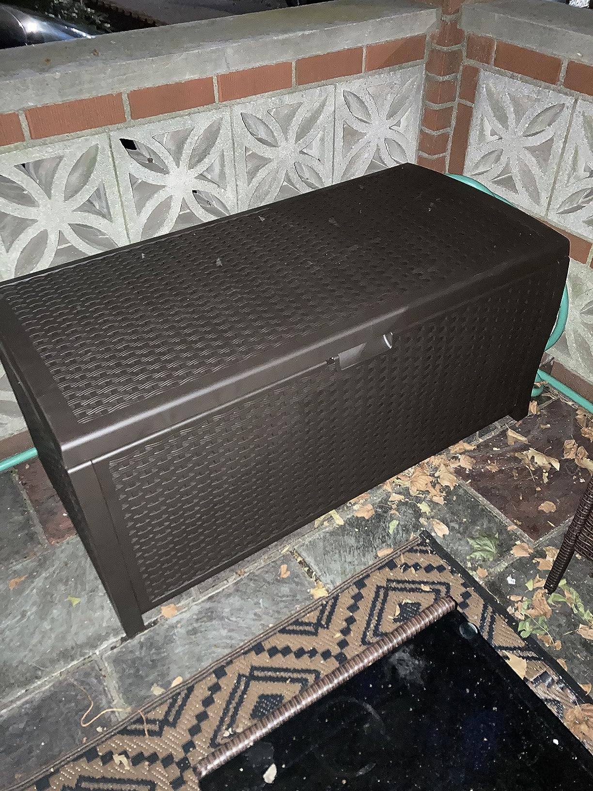Suncast Outdoor Storage Box - 73 Gallon Mocha Brown Deck Box for Patio, Waterproof Outdoor Storage Bench, Resin Wicker Style, Heavy-Duty, Lockable Lid for Cushions, Shoes, Pool & Garden Gear Customer Review Suncast Outdoor Storage Box - 73 Gallon Mocha Brown Deck Box for Patio, Waterproof Outdoor Storage Bench, Resin Wicker Style, Heavy-Duty, Lockable Lid for Cushions, Shoes, Pool & Garden Gear - Customer Photo 2
