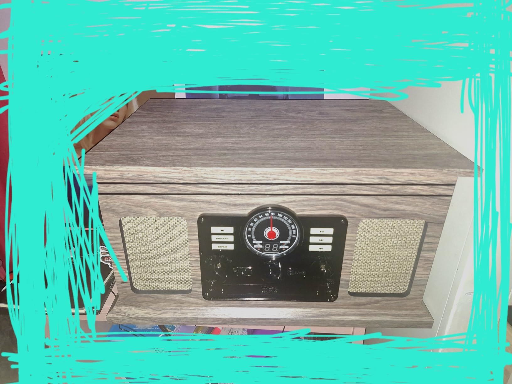 Victrola The Quincy 6-in-1 Bluetooth Record Player & Multimedia Center with Built-in Speakers - 3-Speed Turntable, CD & Cassette Player, AM/FM Radio, Wireless Music Streaming (Mahogony) - Customer Photo 2