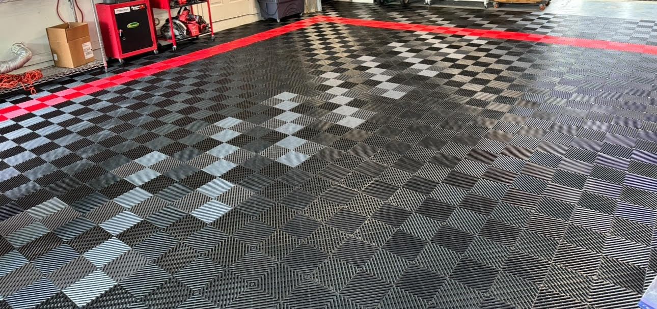 Big Floors RaceDeck Free-Flow Interlocking Garage Flooring Tiles, Non-Slip, Self-Draining, Heavy-Duty, High-Impact Copolymer, Easy Install (Black, 48 Pack of 12 x 12