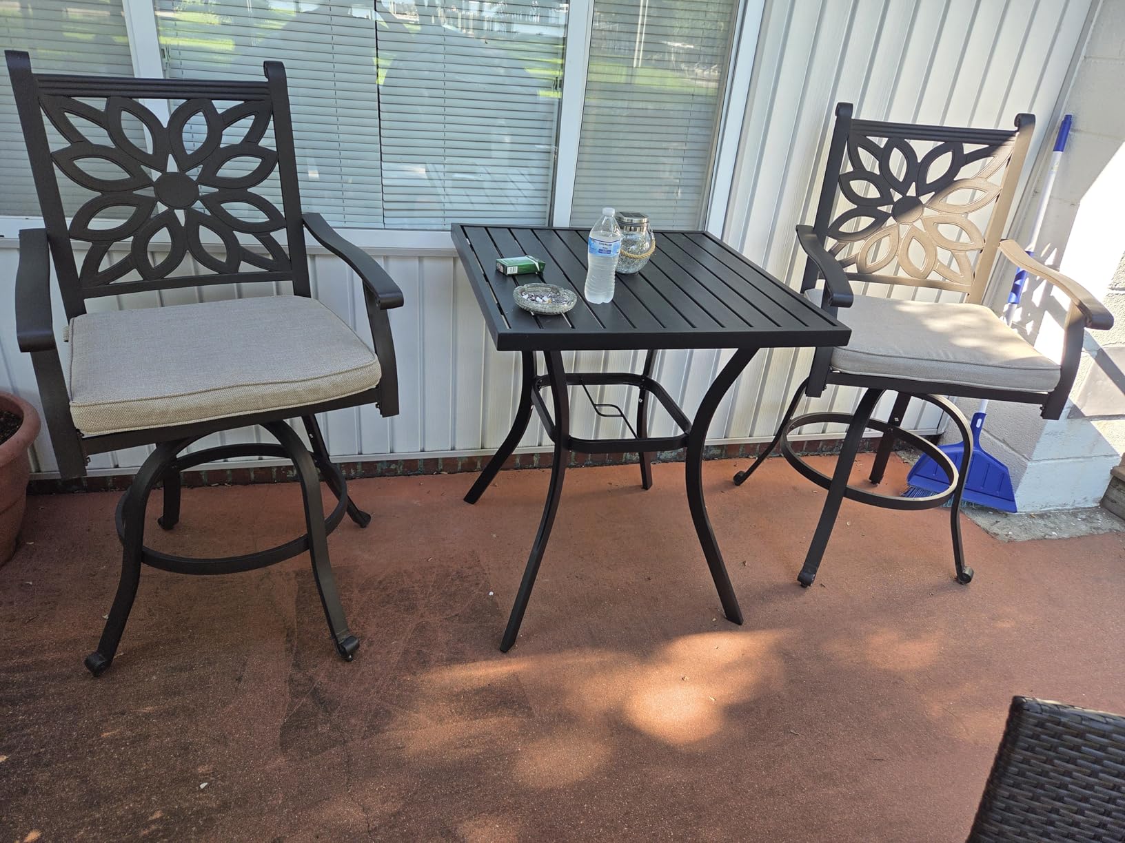PHI VILLA Patio Furniture Set, Brown 3Pcs Cast Aluminum High Top Table and Swivel Bar Stools with Cushion, Pub Bistro Set for Outdoor - Customer Photo 1