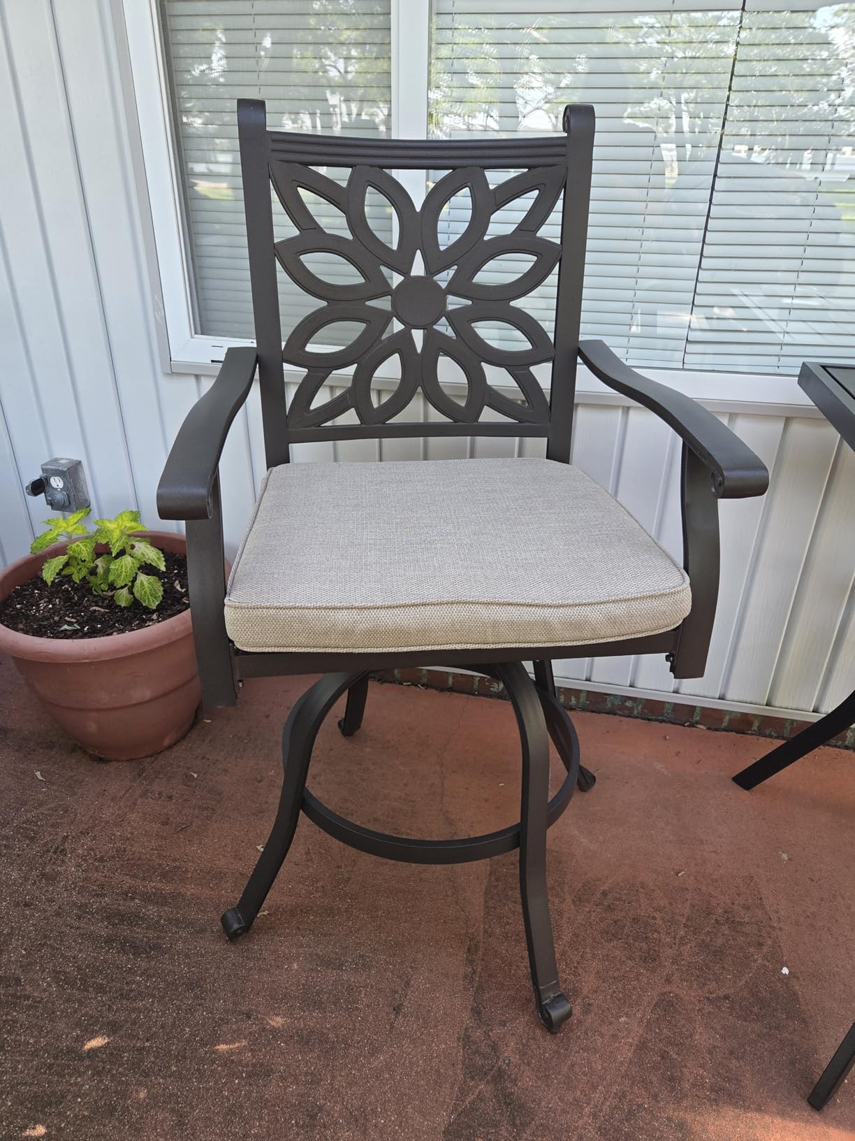 PHI VILLA Patio Furniture Set, Brown 3Pcs Cast Aluminum High Top Table and Swivel Bar Stools with Cushion, Pub Bistro Set for Outdoor - Customer Photo 2