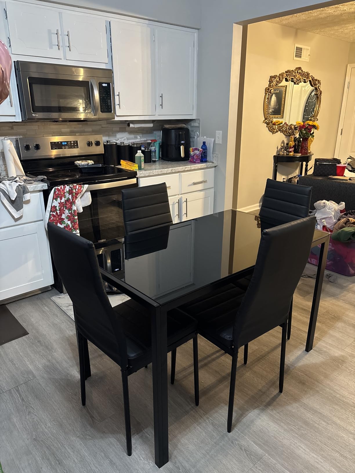 FDW 5-Piece Dining Table Set, Black Glass Kitchen Table with 4 Upholstered Chairs and Faux Leather Cushions, Space-Saving and Modern Design, for Dining Room, Easy to Assemble customer photo 1