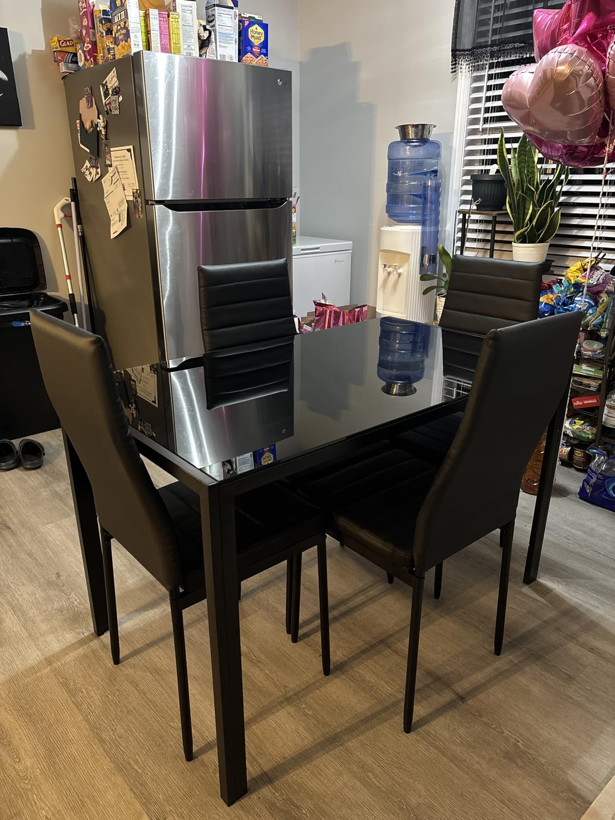 FDW 5-Piece Dining Table Set, Black Glass Kitchen Table with 4 Upholstered Chairs and Faux Leather Cushions, Space-Saving and Modern Design, for Dining Room, Easy to Assemble customer photo 2