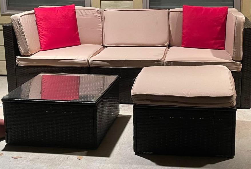 Vongrasig 5 Piece Patio Furniture Sets, Outdoor Patio Set Sectional Sofa, All-Weather PE Rattan Outdoor Couch with Ottoman, Glass Table for Garden, Backyard, Porch, Beige - Customer Photo 3