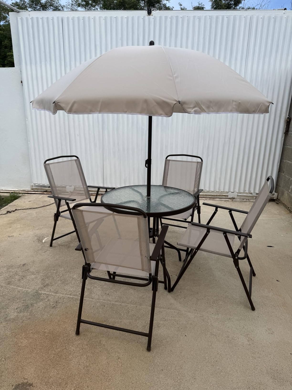 Outsunny 6 Piece Patio Dining Set for 4 with Umbrella, Outdoor Table and Chairs with 4 Folding Dining Chairs & Round Glass Table for Garden, Backyard and Poolside, Beige Customer Review Outsunny 6 Piece Patio Dining Set for 4 with Umbrella, Outdoor Table and Chairs with 4 Folding Dining Chairs & Round Glass Table for Garden, Backyard and Poolside, Beige - Customer Photo 1