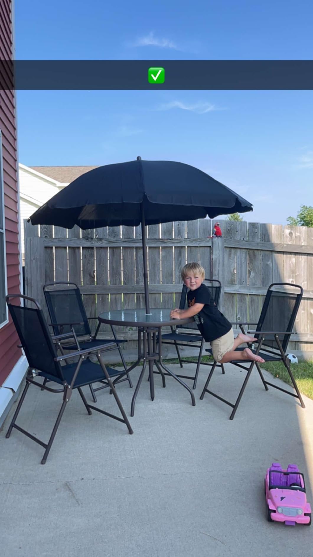 Outsunny 6 Piece Patio Dining Set for 4 with Umbrella, Outdoor Table and Chairs with 4 Folding Dining Chairs & Round Glass Table for Garden, Backyard and Poolside, Beige Customer Review Outsunny 6 Piece Patio Dining Set for 4 with Umbrella, Outdoor Table and Chairs with 4 Folding Dining Chairs & Round Glass Table for Garden, Backyard and Poolside, Beige - Customer Photo 2