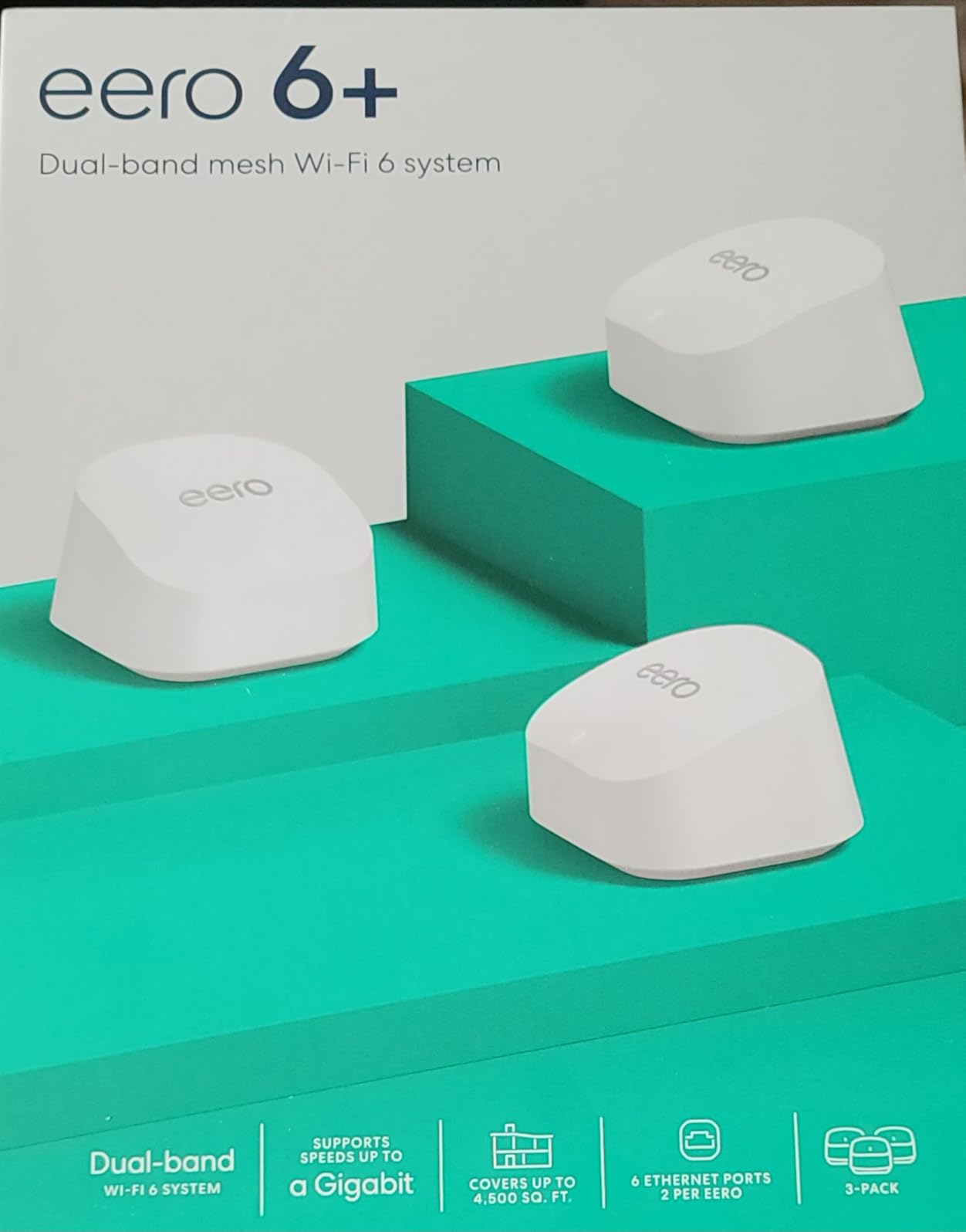 Amazon eero 6+ mesh wifi system - Supports internet plans up to a Gigabit, Coverage up to 3,000 sq. ft., Connect 75+ devices, 2-pack Customer Review Amazon eero 6+ mesh wifi system - Supports internet plans up to a Gigabit, Coverage up to 3,000 sq. ft., Connect 75+ devices, 2-pack - Customer Photo 1