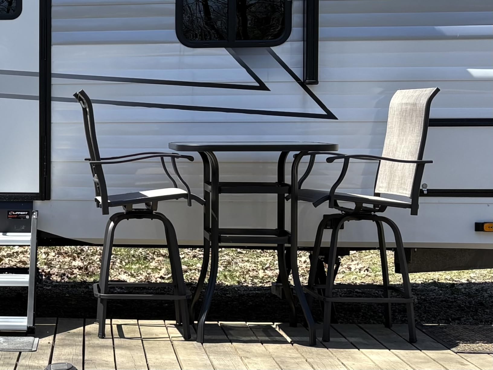 Vongrasig 3 Piece Outdoor Bar Set, Patio Swivel High Stools Chair Set of 2 and Glass Bar Table, All Weather Metal Textilene for Lawn Garden, Balcony, Taupe - Customer Photo 1