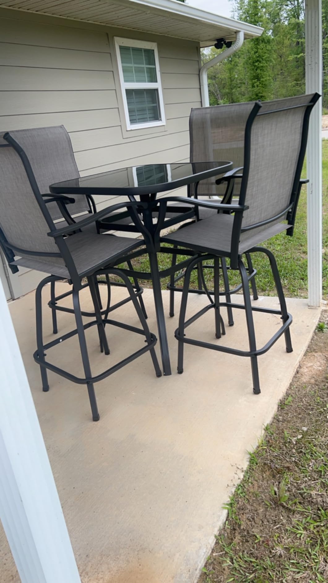 Vongrasig 3 Piece Outdoor Bar Set, Patio Swivel High Stools Chair Set of 2 and Glass Bar Table, All Weather Metal Textilene for Lawn Garden, Balcony, Taupe - Customer Photo 2