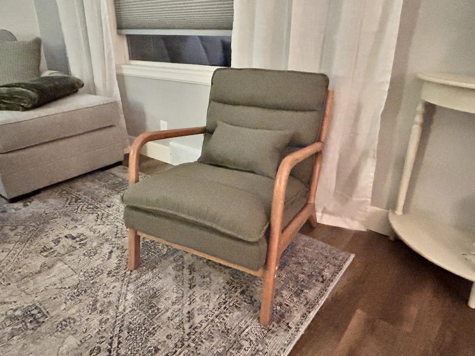 INZOY Mid Century Modern Accent Chair with Wood Frame, Upholstered Living Room Chairs with Waist Cushion, Reading Armchair for Bedroom Sunroom - Customer Photo 2