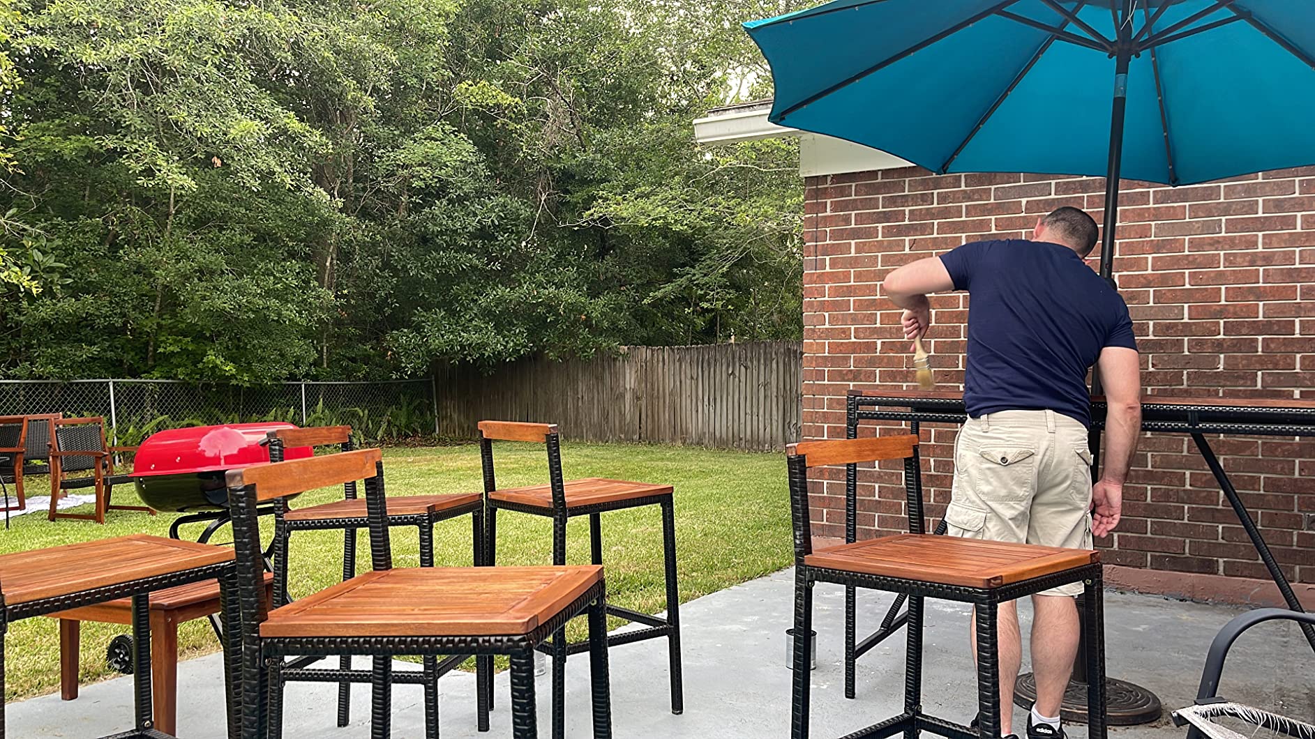 HAPPYGRILL 7 Piece Patio Bar Table Set with Umbrella Hole Acacia Wood High-Dining Bistro Set with 6 Bar Stools, PE Wicker Outdoor Bar Set for Backyard Patio and Poolside - Customer Photo 1