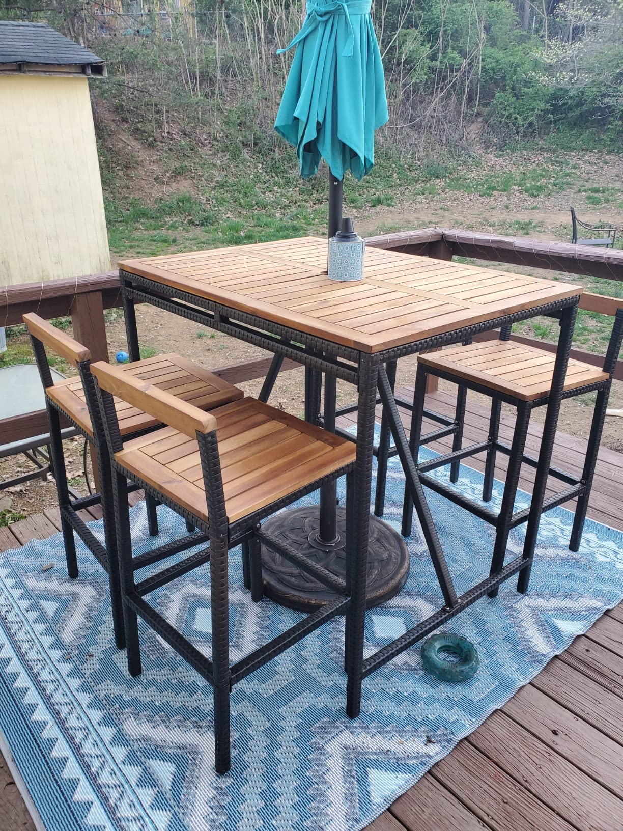 HAPPYGRILL 7 Piece Patio Bar Table Set with Umbrella Hole Acacia Wood High-Dining Bistro Set with 6 Bar Stools, PE Wicker Outdoor Bar Set for Backyard Patio and Poolside - Customer Photo 2