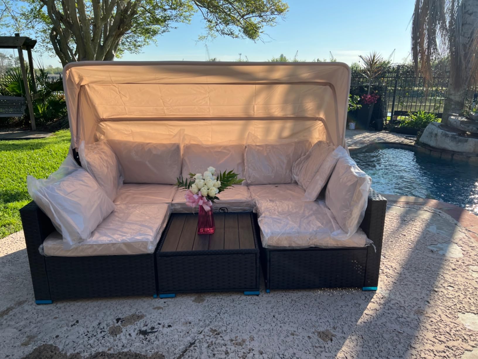 HOMREST 6 Pieces Patio Furniture Sets, Rattan Daybed with Retractable Canopy, Outdoor Sectional Sofa Set with Adjustable Backrest, Chaise Chair Sunbed for Garden Poolside Backyard (Blue) - Customer Photo 1