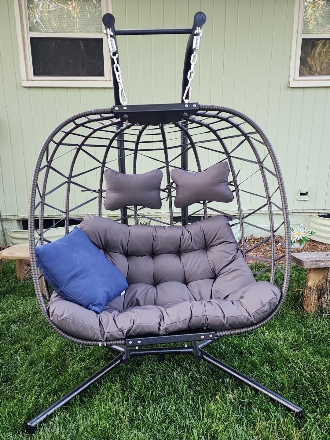 RADIATA Outdoor Swing Egg Chair with Stand, 350Lbs Heavy-Duty Wicker Egg Hanging Patio Chairs for Outside, Comfy Porch Swinging Chair with Thick Cushion Balcony Backyard Bedroom Indoor, Beige Customer Review RADIATA Outdoor Swing Egg Chair with Stand, 350Lbs Heavy-Duty Wicker Egg Hanging Patio Chairs for Outside, Comfy Porch Swinging Chair with Thick Cushion Balcony Backyard Bedroom Indoor, Beige - Customer Photo 2