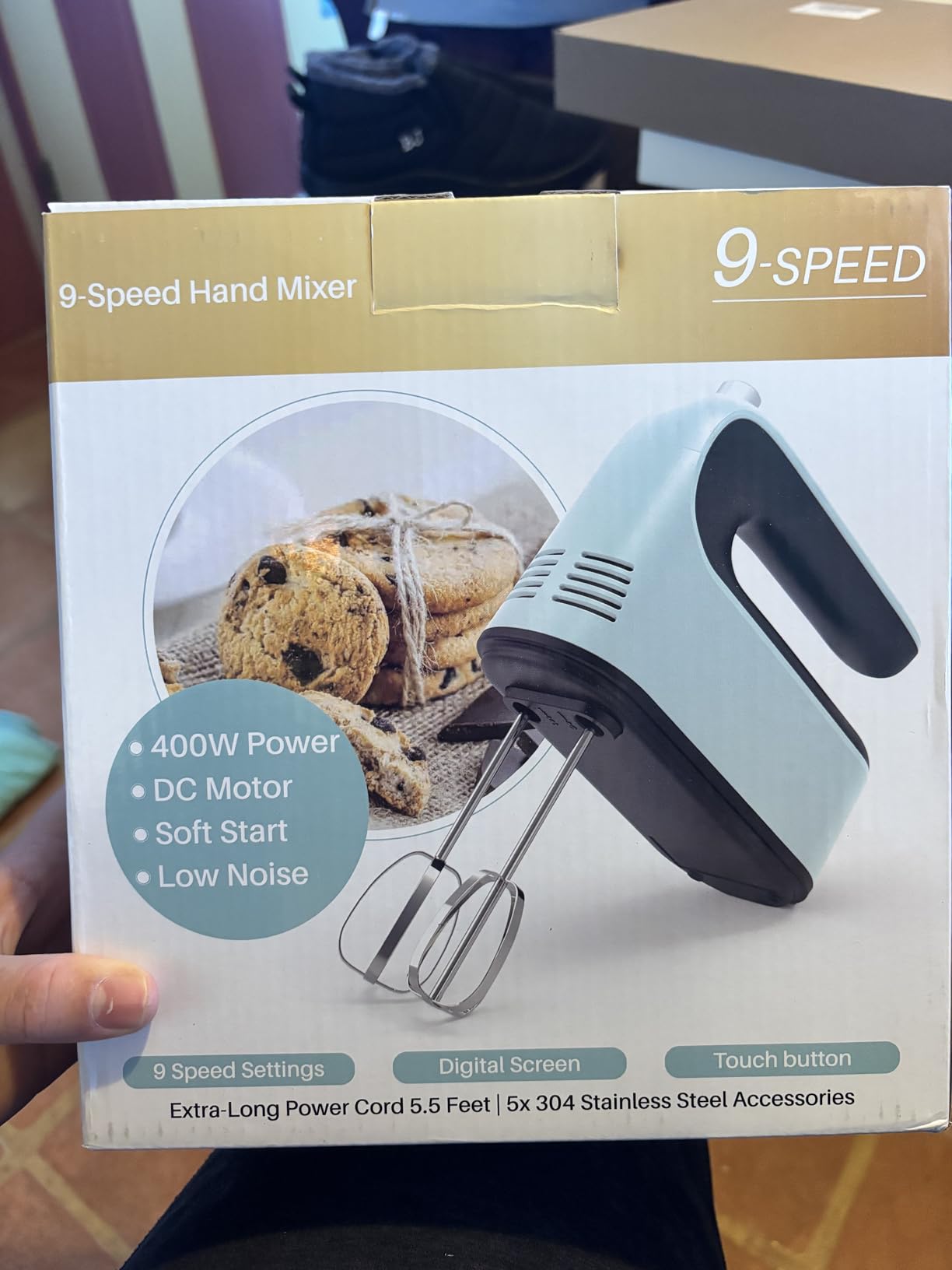 9-Speed Digital Hand Mixer Electric, 400W Powerful DC Motor, Baking Handheld with Snap-On Storage Case, 5 Stainless Steel Accessories, Flat Beaters, Dough Hooks, Whisk(Ice Blue/Black) - Customer Photo 1
