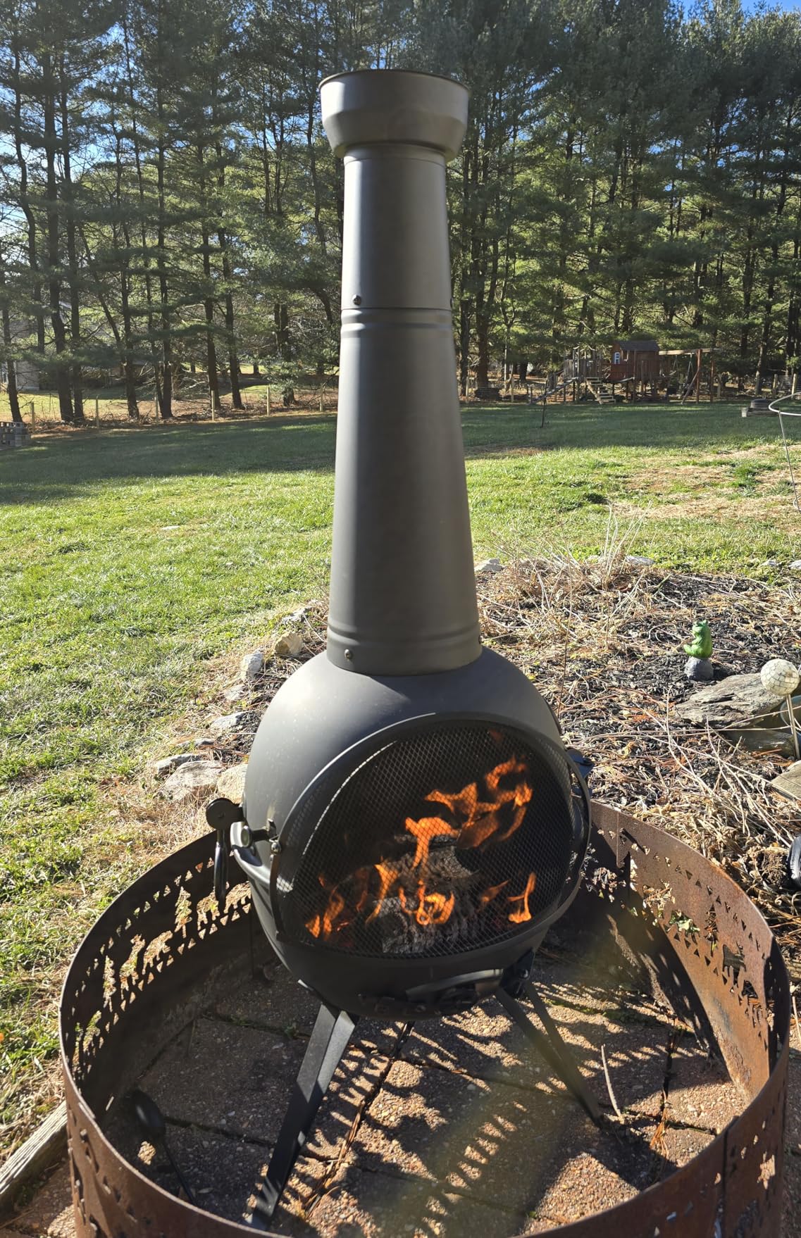 SINGLYFIRE Prairie Fire Outdoor Chiminea Fireplace Deck or Patio Backyard Wooden Fire Pit with Chiminea Cover Rust-Free Iron Black - Customer Photo 1