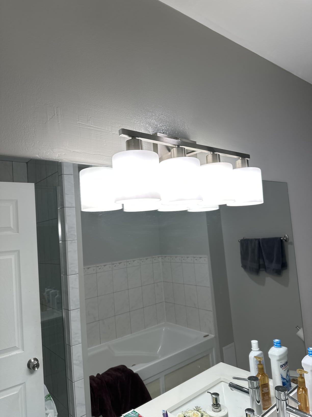 Dekang Black Bathroom Light Fixtures Over Mirror, Rustproof Vanity Lights for Bathroom, Modern 3-Light Wall Sconces for Living Room, Milky White Glass Shades, Standard E26 Base, Bulbs Not Included - Customer Photo 1