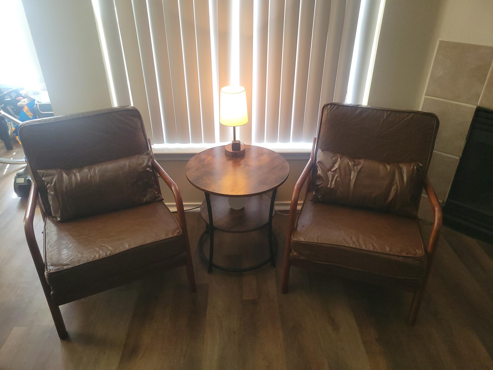 Mid Century Modern Accent Chair Set of 2 Living Room- Comfy Solid Wood Arm Chair with Lumber Pillow Lounge Decorative Brown Leather Office Side Chair Bedroom Reading Nook - Customer Photo 1