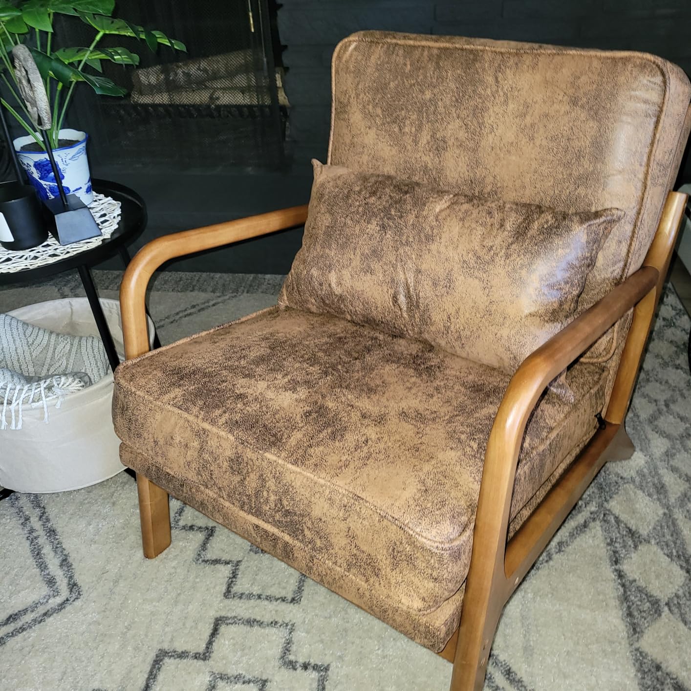 Mid Century Modern Accent Chair Set of 2 Living Room- Comfy Solid Wood Arm Chair with Lumber Pillow Lounge Decorative Brown Leather Office Side Chair Bedroom Reading Nook - Customer Photo 2