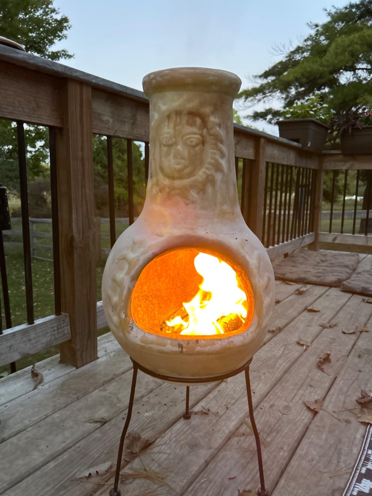 Wiosi Medium 𝗖𝗵𝗶𝗺𝗶𝗻𝗲𝗮 Outdoor Fireplace for Patio Clay Chimineas with Chimney Rain Lids and Solid Metal Stands - Yellow Terracotta Chimenea - Rustic Wooden Fire Pit Chimnea 16 x 16 x 32-inch - Customer Photo 4